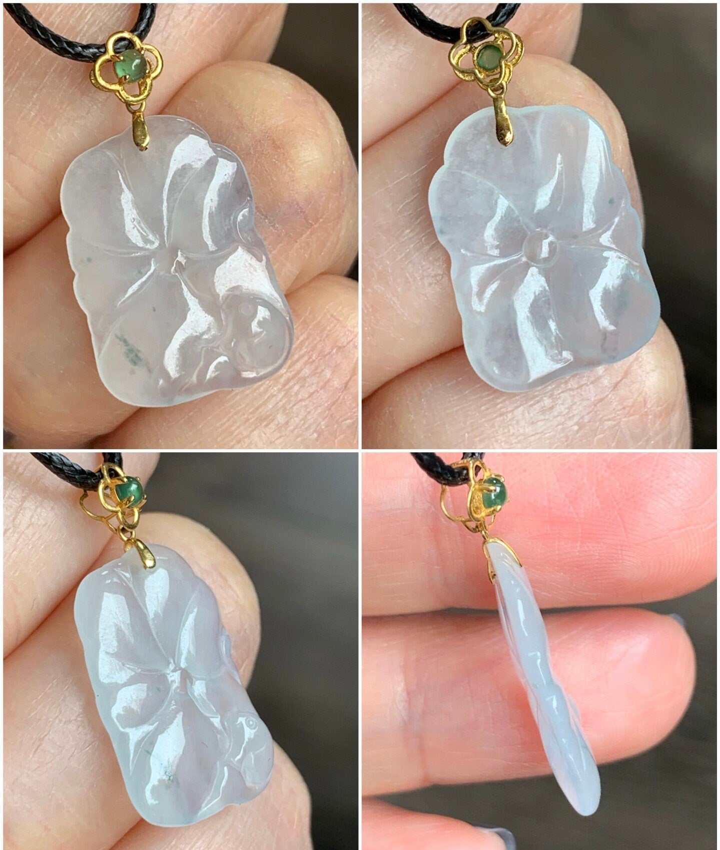 Natural Burmese Icy Translucent Gelatinous Icy White Jadeite Carved Lily Pad & Fish Pendant 18K Yellow Gold Bail 天然缅甸冰胶白冰翡翠荷叶鱼吊坠
