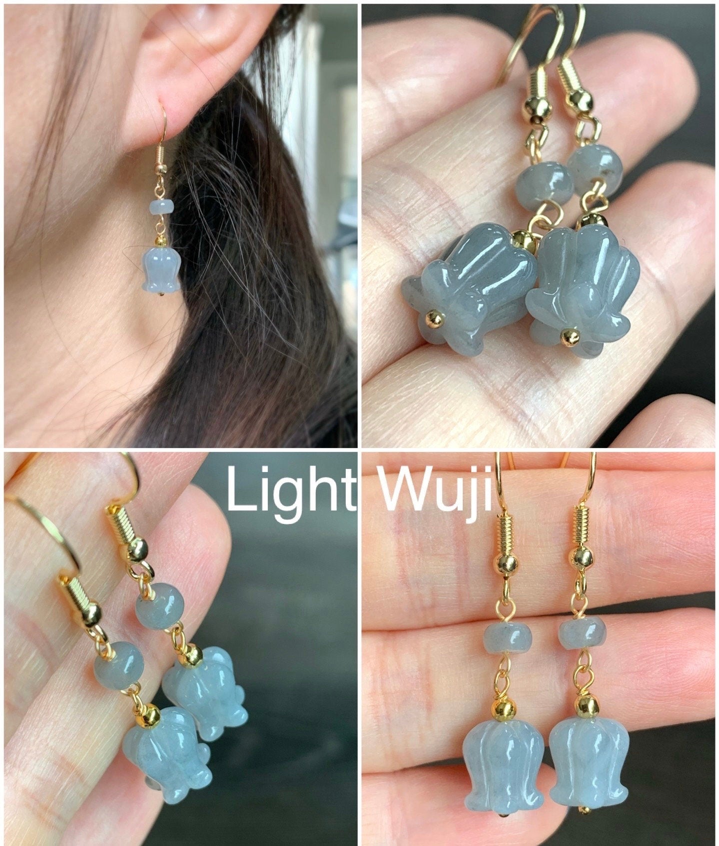 Natural Burmese Icy Translucent Gelatinous Jadeite Carved Magnolia Flower Dangle Earrings 14K Gold Plated 天然缅甸冰胶翡翠玉兰花包金耳钩