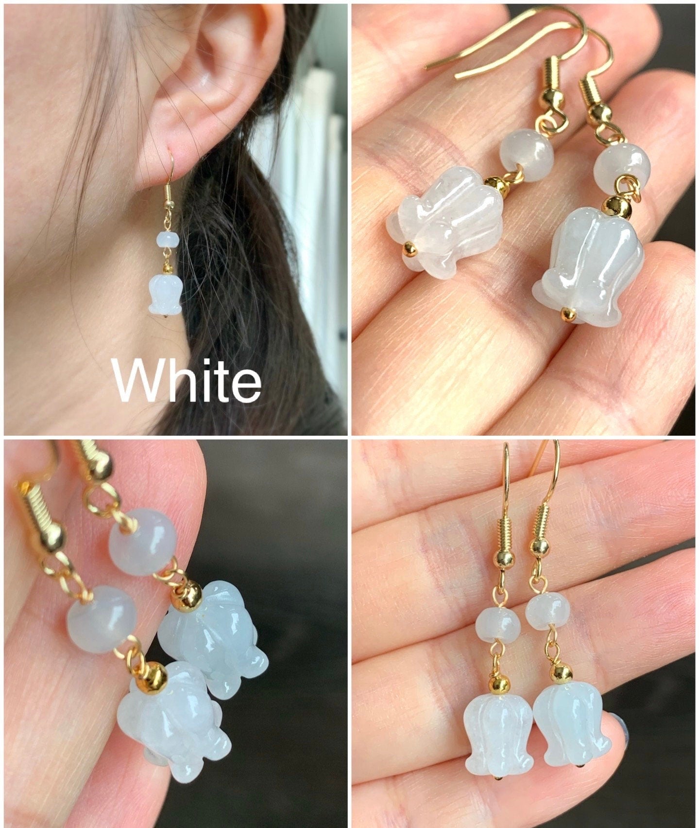 Natural Burmese Icy Translucent Gelatinous Jadeite Carved Magnolia Flower Dangle Earrings 14K Gold Plated 天然缅甸冰胶翡翠玉兰花包金耳钩