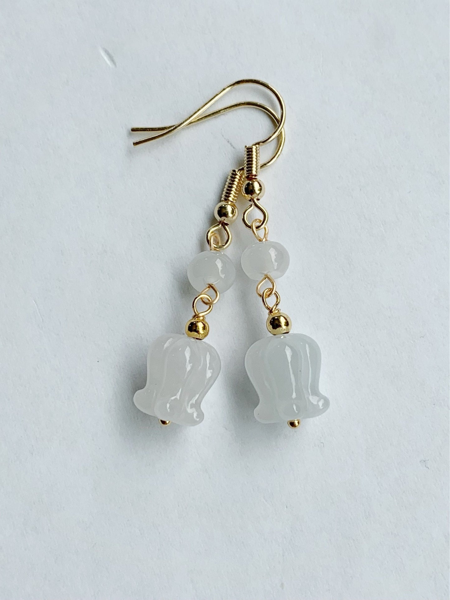 Natural Burmese Icy Translucent Gelatinous Jadeite Carved Magnolia Flower Dangle Earrings 14K Gold Plated 天然缅甸冰胶翡翠玉兰花包金耳钩