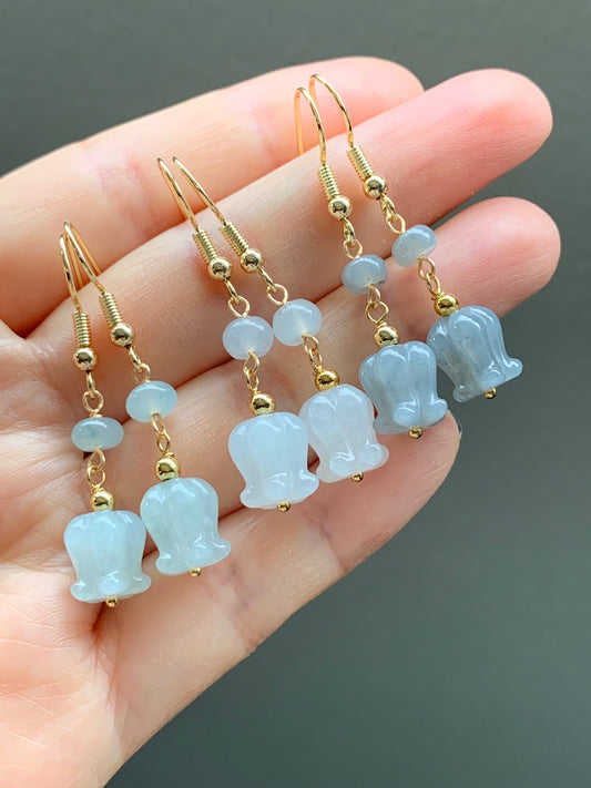 Natural Burmese Icy Translucent Gelatinous Jadeite Carved Magnolia Flower Dangle Earrings 14K Gold Plated 天然缅甸冰胶翡翠玉兰花包金耳钩