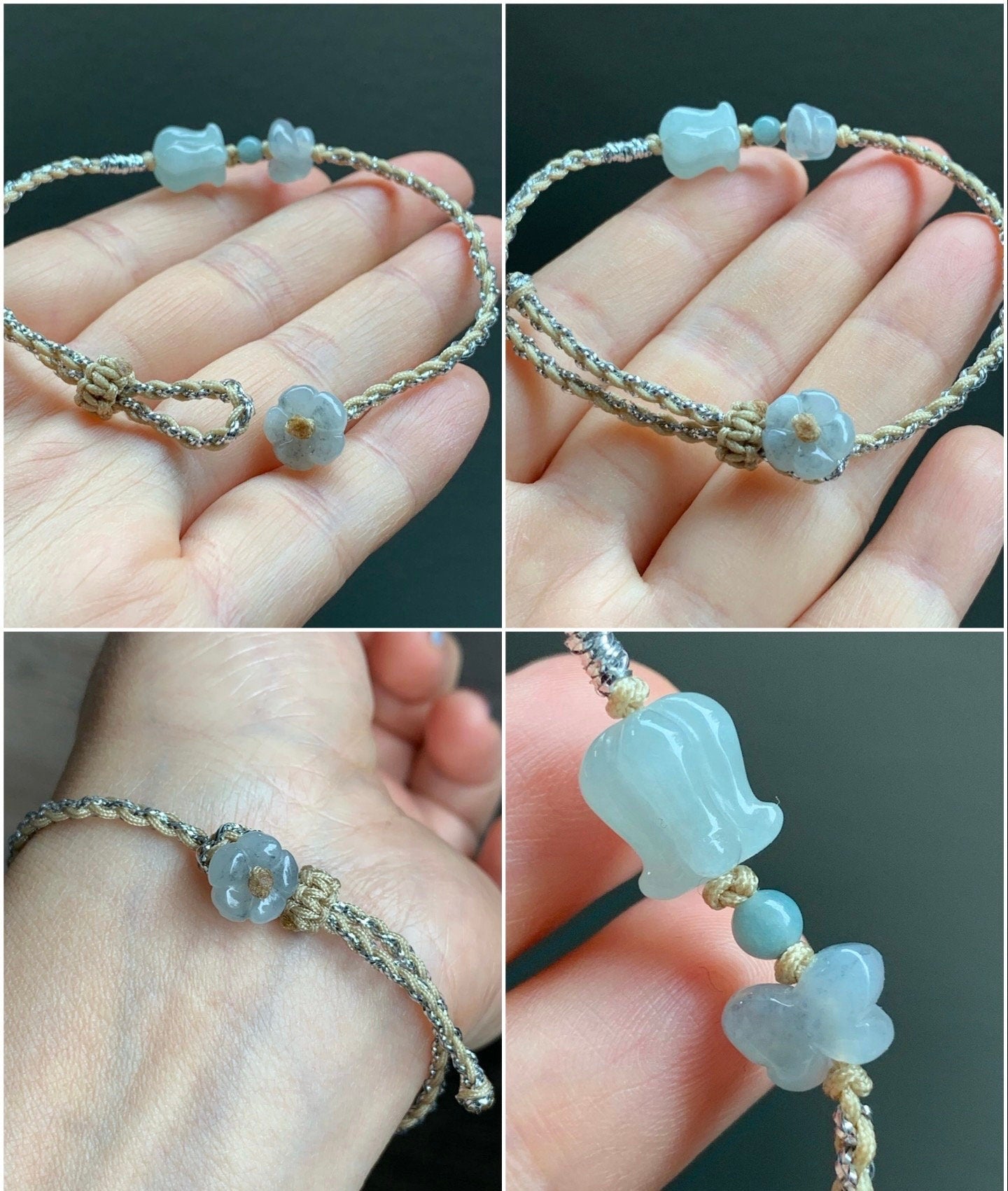 Natural Burmese Icy Translucent Gelatinous Light Green Jadeite Carved Tulip & Wuji Butterfly Rope Bracelet Adjustable 天然缅甸冰胶晴底翡翠郁金香与乌鸡蝴蝶手绳