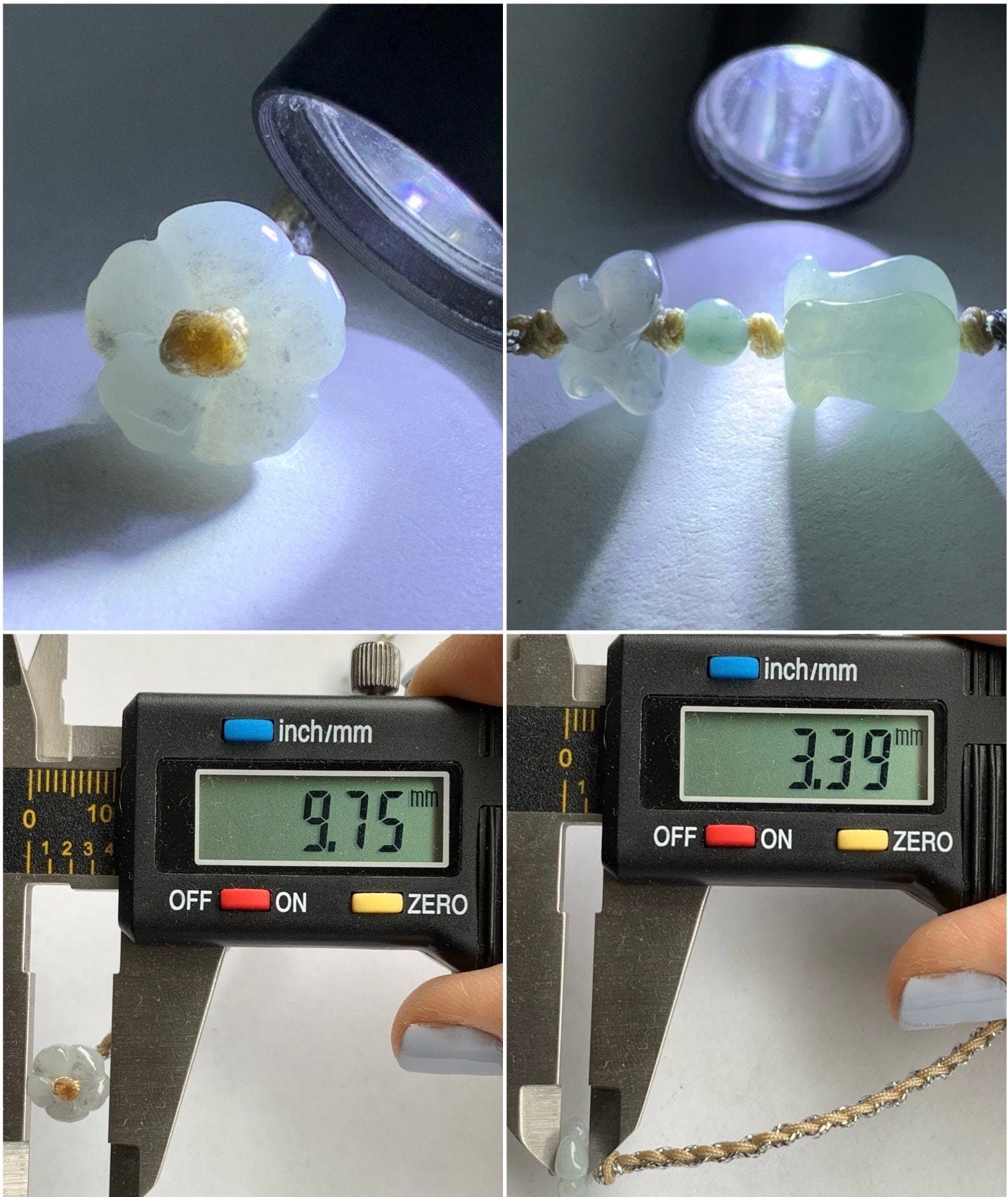 Natural Burmese Icy Translucent Gelatinous Light Green Jadeite Carved Tulip & Wuji Butterfly Rope Bracelet Adjustable 天然缅甸冰胶晴底翡翠郁金香与乌鸡蝴蝶手绳