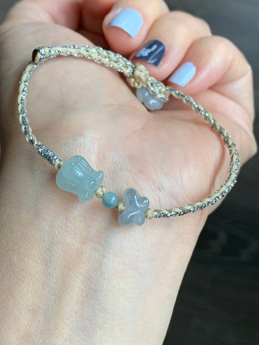 Natural Burmese Icy Translucent Gelatinous Light Green Jadeite Carved Tulip & Wuji Butterfly Rope Bracelet Adjustable 天然缅甸冰胶晴底翡翠郁金香与乌鸡蝴蝶手绳