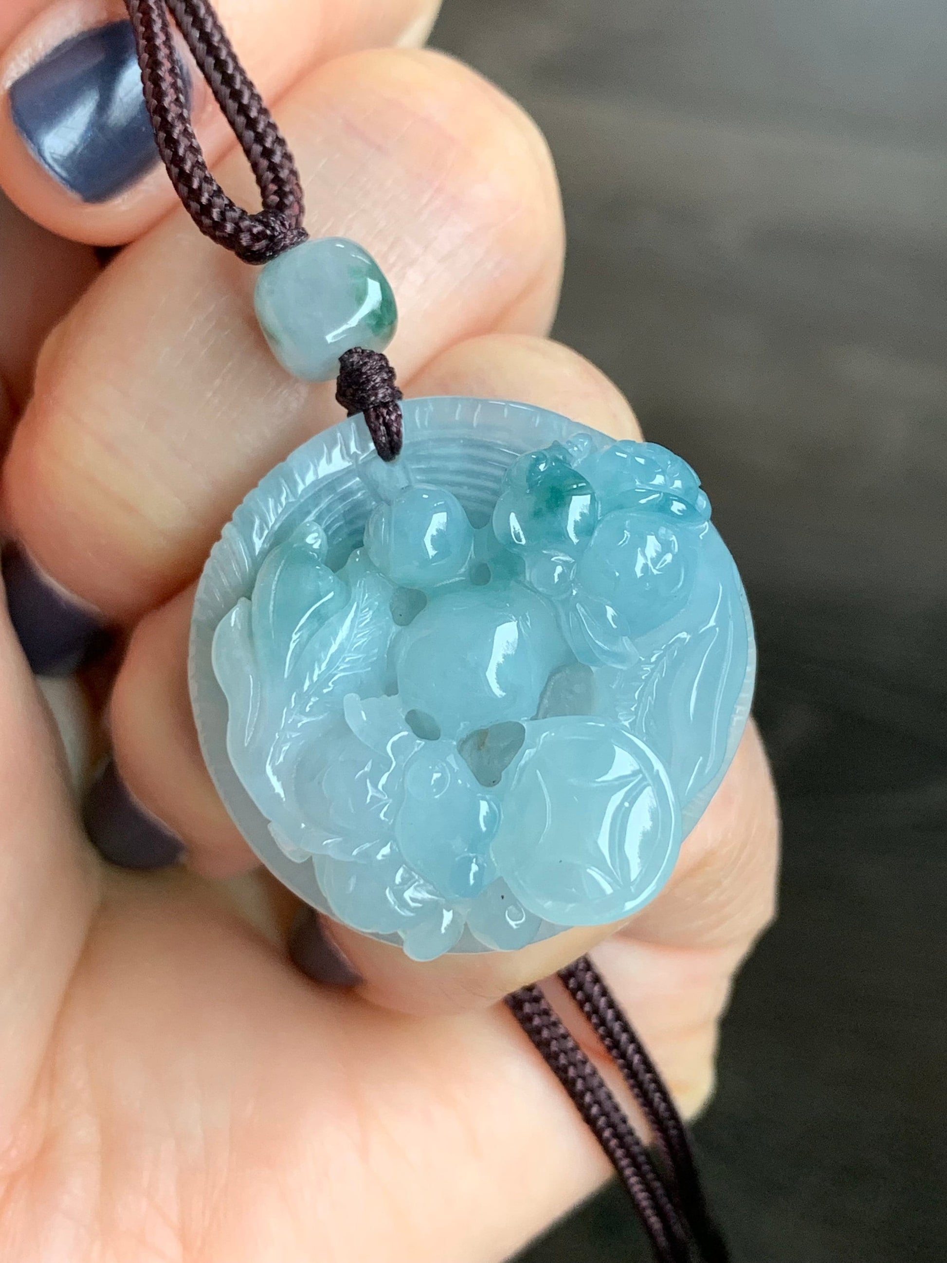 Large Natural Burmese Icy Translucent Sky Blue Jadeite w/ Green Marbling Carved Goldfish Pendant Rope Necklace 25” 19g 天然缅甸冰天空蓝飘花翡翠双鱼牌吊坠