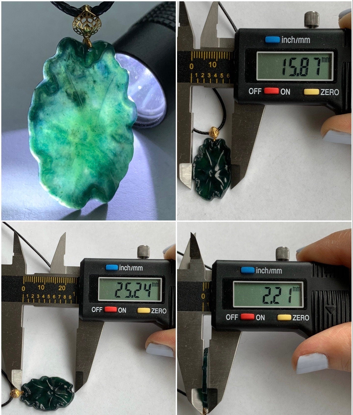 Natural Burmese Icy Translucent Dark Teal Green Jadeite Oval Pendant Carved w/ Lily Pad 18K Yellow Gold Bail 天然缅甸冰湖水绿翡翠荷叶吊坠
