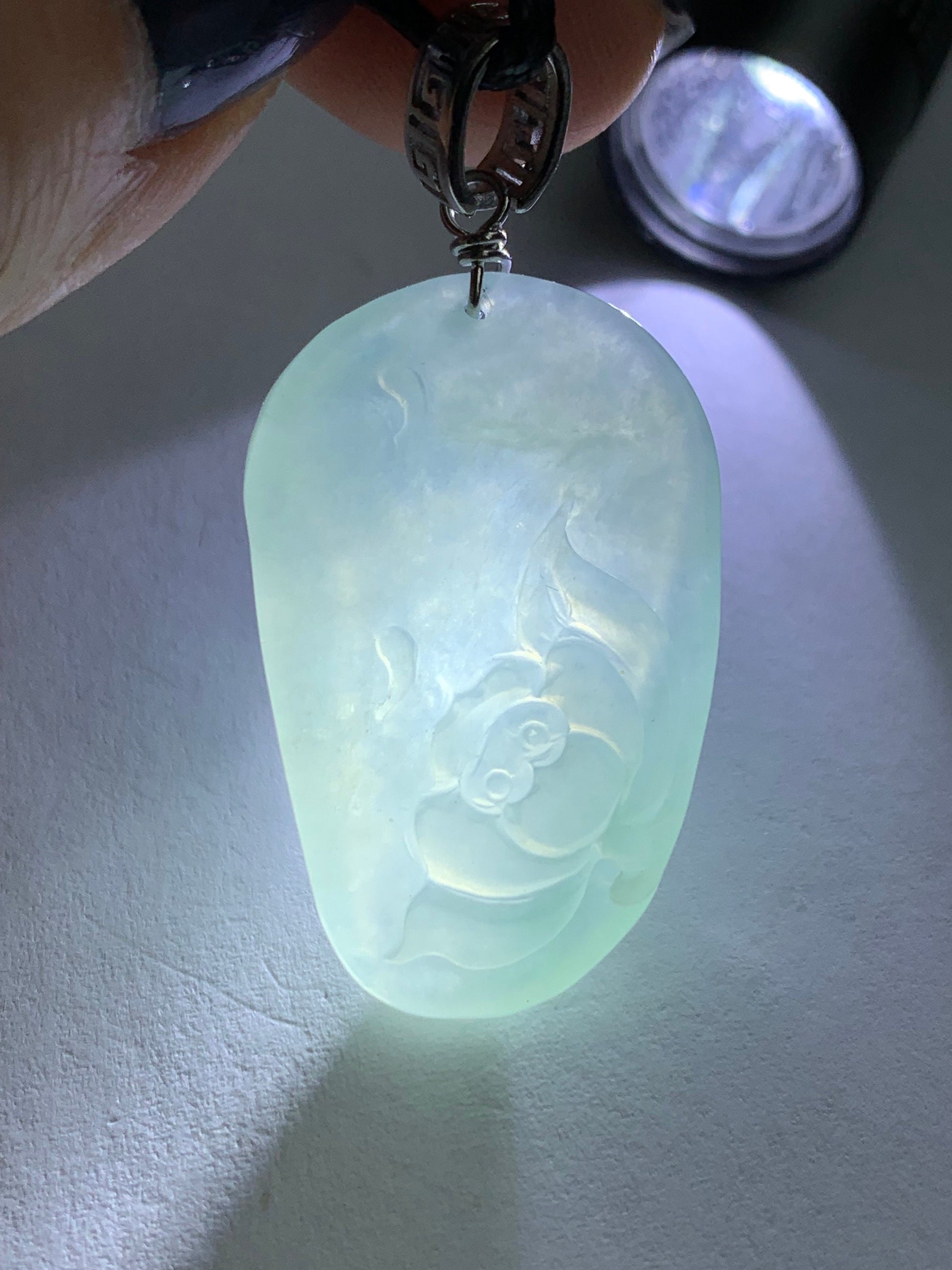 Natural Burmese Icy Translucent Gelatinous Light Green Jadeite Carved Lotus Flower Pendant S925 Silver Bail 天然缅甸冰晴翡莲花吊坠