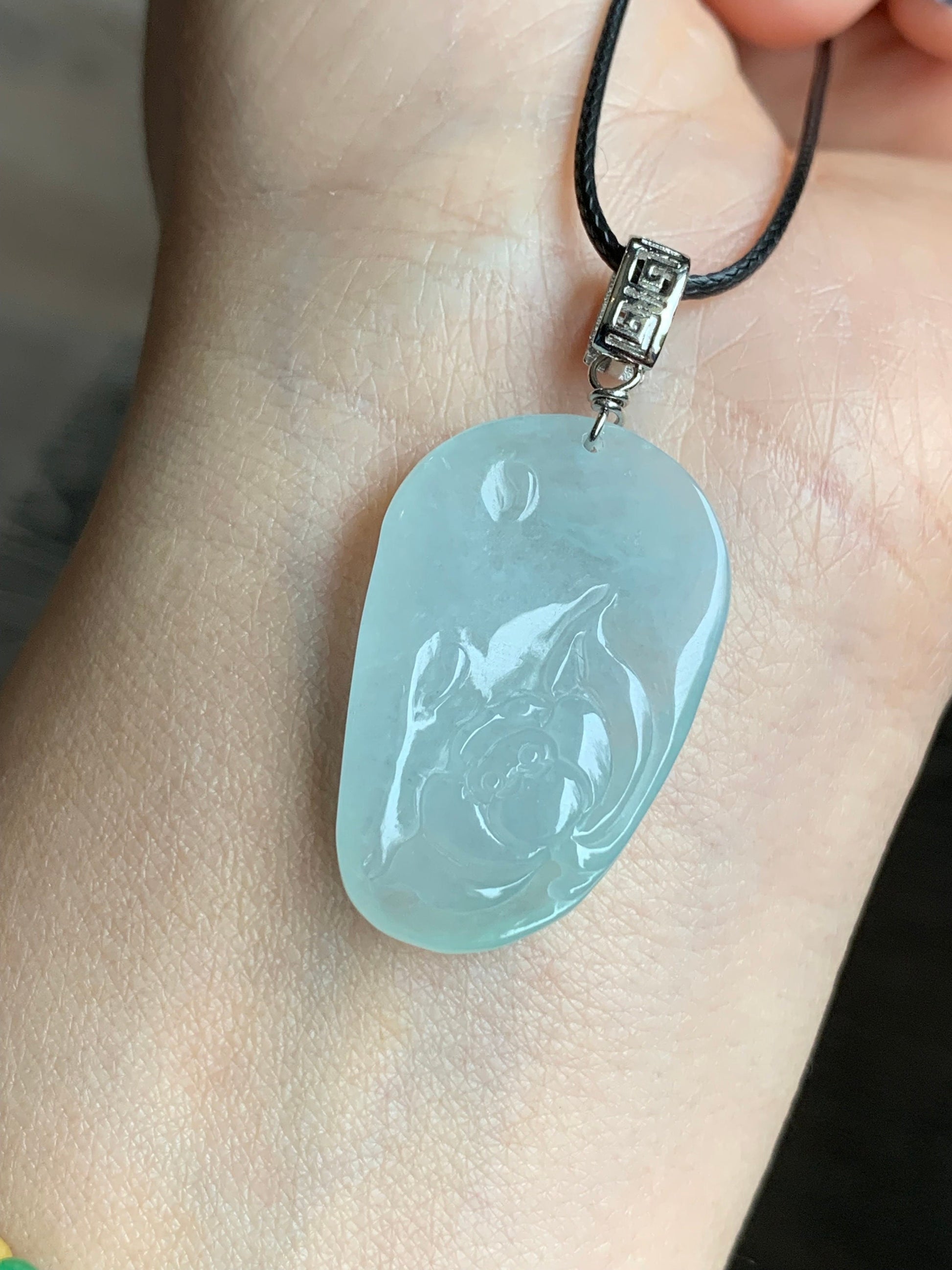 Natural Burmese Icy Translucent Gelatinous Light Green Jadeite Carved Lotus Flower Pendant S925 Silver Bail 天然缅甸冰晴翡莲花吊坠