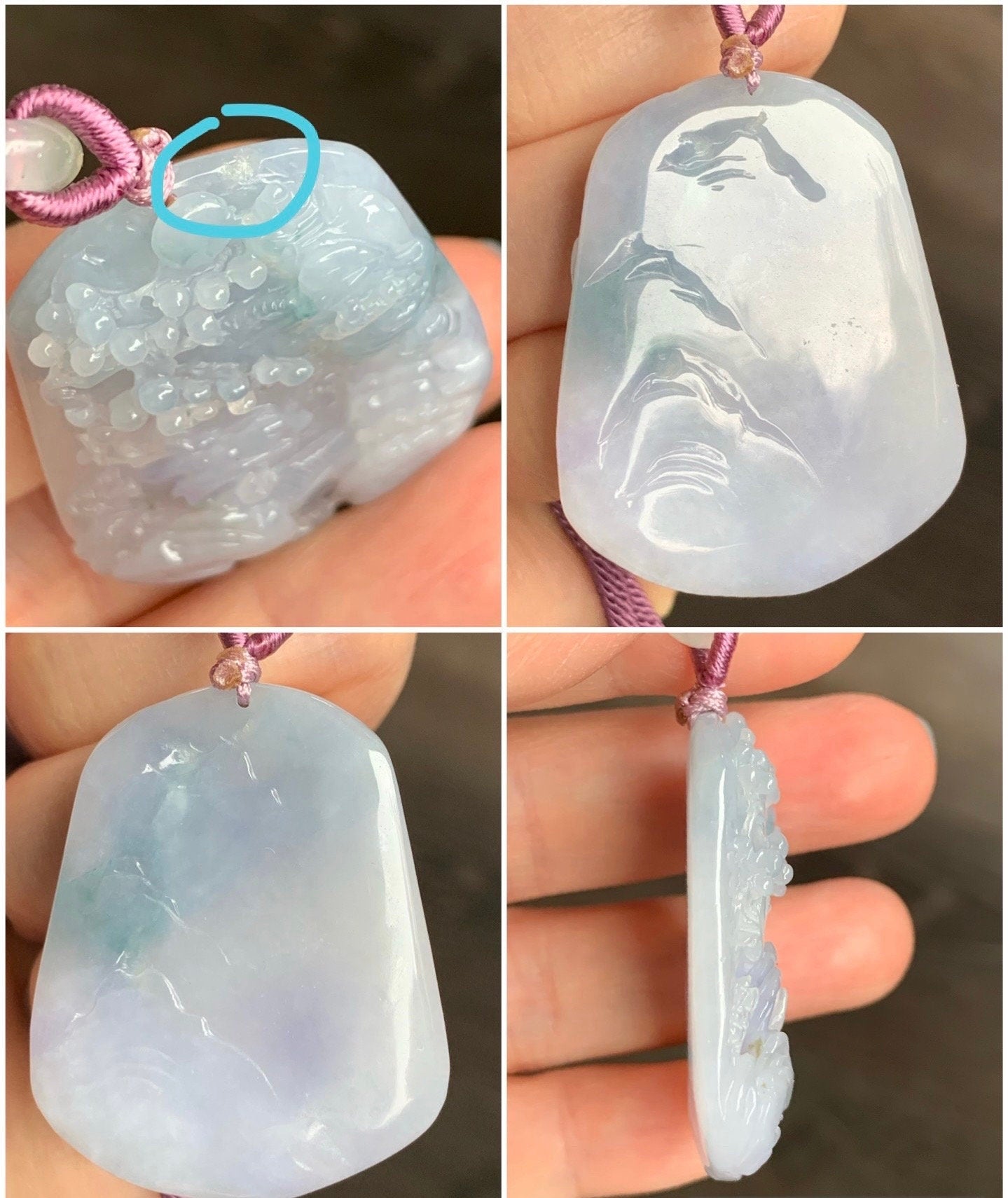 Large Natural Burmese Icy Highly Translucent Gelatinous Purplish Blue Jadeite Carved Shan Shui Pai Landscape Pendant 天然缅甸冰胶蓝紫飘花翡翠大山水牌吊坠