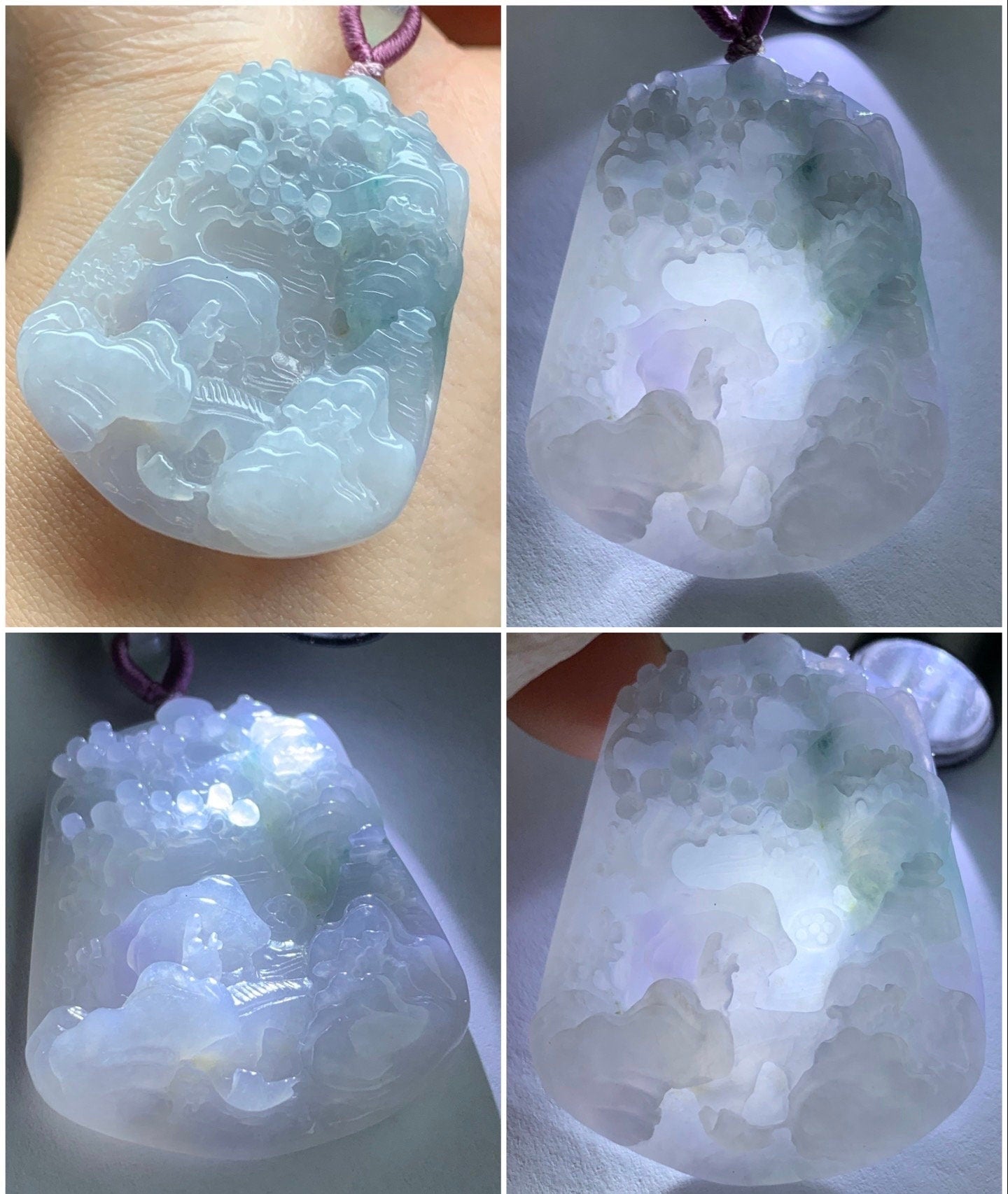 Large Natural Burmese Icy Highly Translucent Gelatinous Purplish Blue Jadeite Carved Shan Shui Pai Landscape Pendant 天然缅甸冰胶蓝紫飘花翡翠大山水牌吊坠