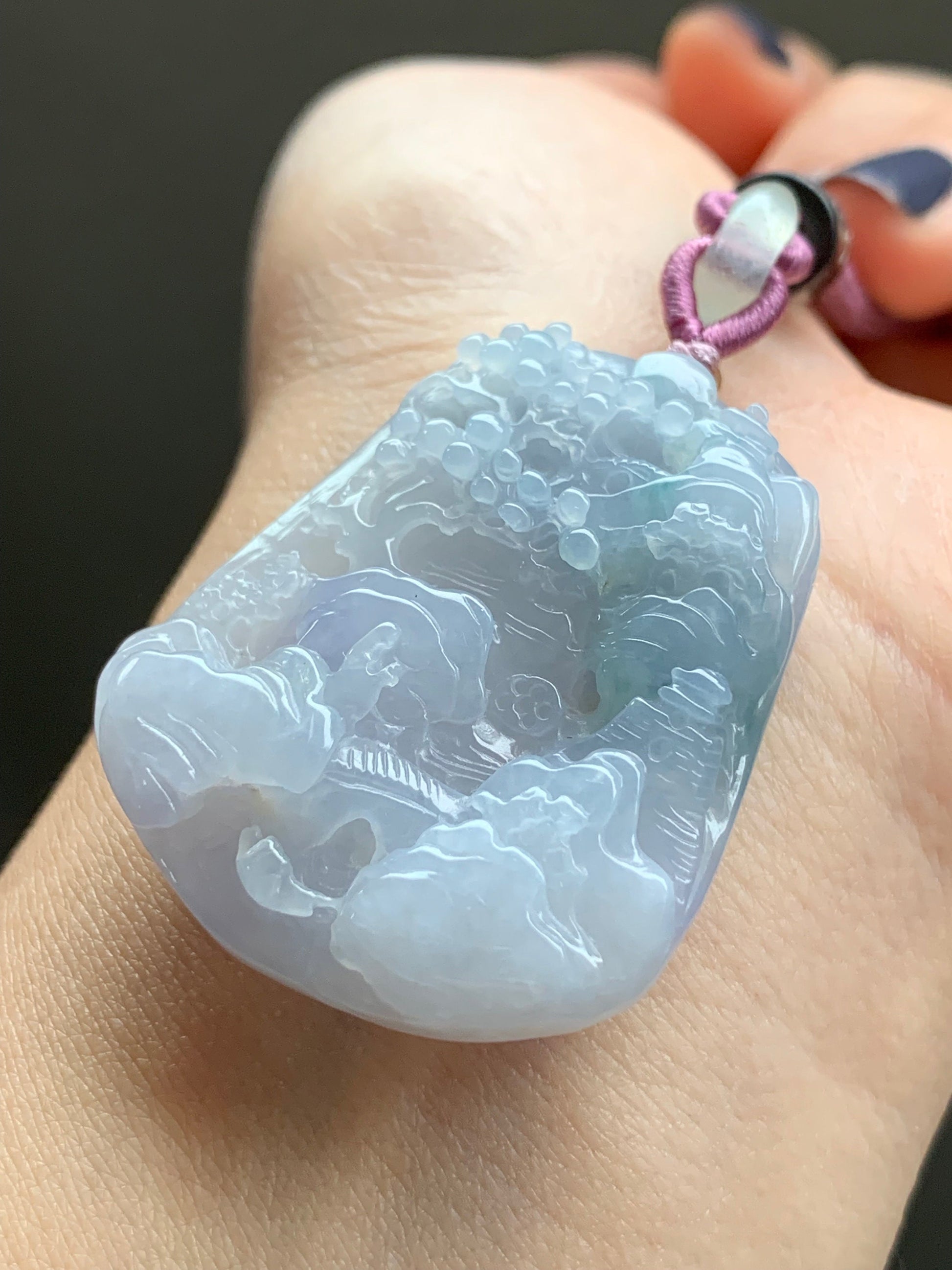Large Natural Burmese Icy Highly Translucent Gelatinous Purplish Blue Jadeite Carved Shan Shui Pai Landscape Pendant 天然缅甸冰胶蓝紫飘花翡翠大山水牌吊坠