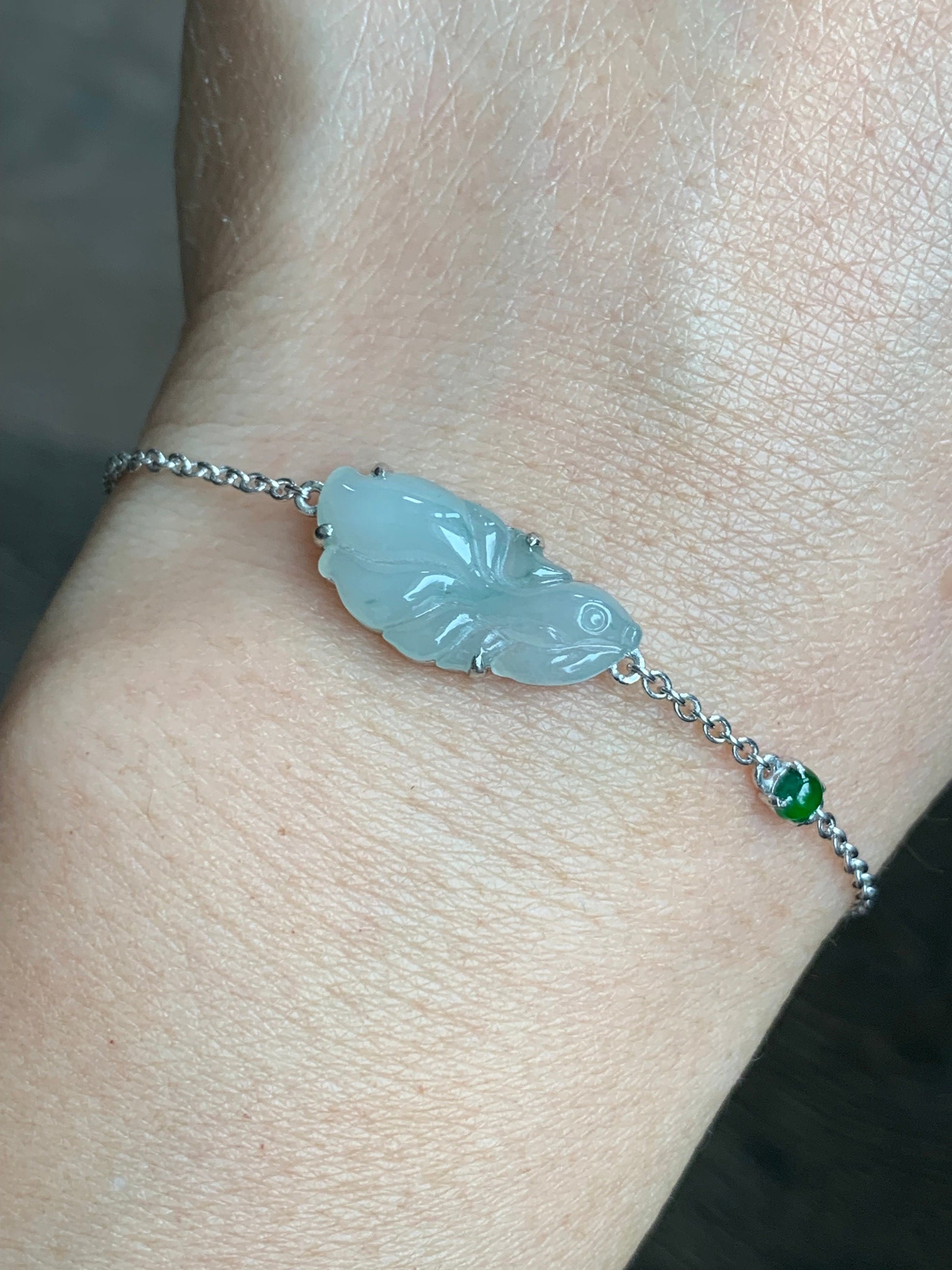 Certified Natural Burmese Icy Translucent Gelatinous White Jadeite Betta Fish Bracelet Sterling Silver Adjustable 天然缅甸冰胶翡翠葫泰国斗鱼银镶手链