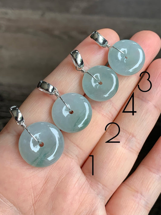 Natural Burmese Icy Translucent Gelatinous Light Green Jadeite w/ Green Marbling Ping An Kou Donut Pendant Sterling Silver 天然缅甸糯冰晴底飘花翡翠平安扣吊坠