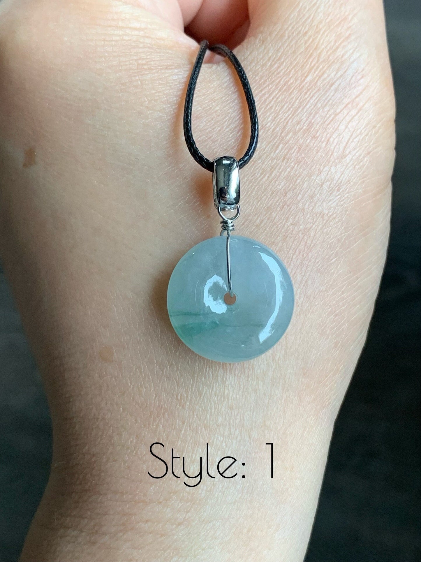 Natural Burmese Icy Translucent Gelatinous Light Green Jadeite w/ Green Marbling Ping An Kou Donut Pendant Sterling Silver 天然缅甸糯冰晴底飘花翡翠平安扣吊坠