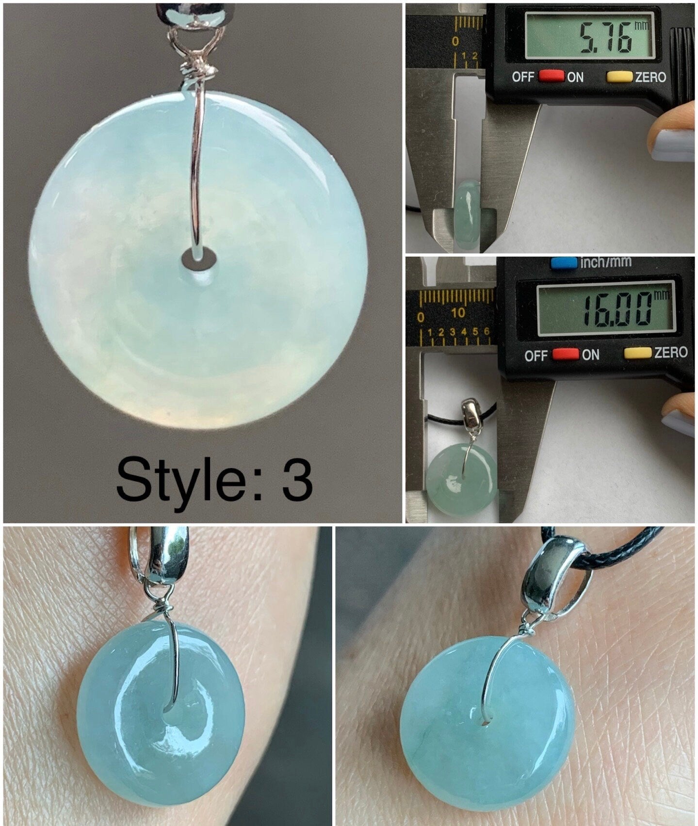 Natural Burmese Icy Translucent Gelatinous Light Green Jadeite w/ Green Marbling Ping An Kou Donut Pendant Sterling Silver 天然缅甸糯冰晴底飘花翡翠平安扣吊坠