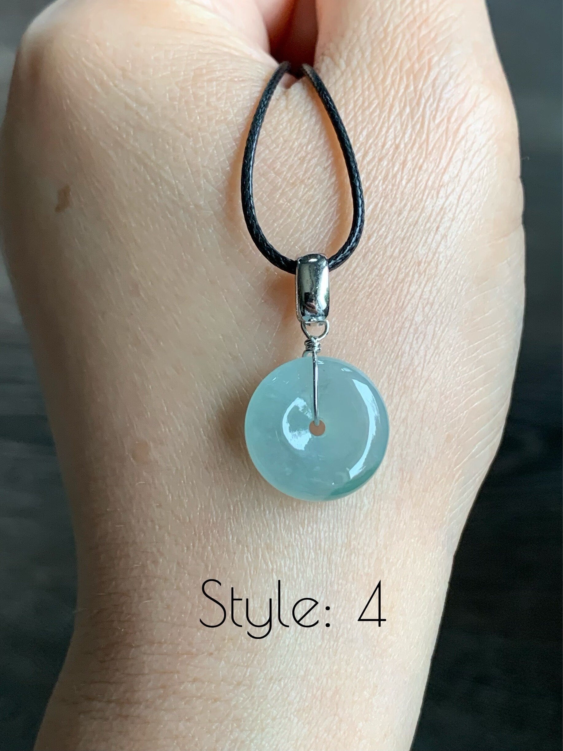 Natural Burmese Icy Translucent Gelatinous Light Green Jadeite w/ Green Marbling Ping An Kou Donut Pendant Sterling Silver 天然缅甸糯冰晴底飘花翡翠平安扣吊坠