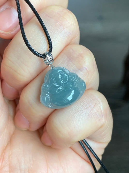 Natural Guatemalan Icy Translucent Dusty Blue Jadeite Buddha Pendant 18K White Gold Bail 天然危地马拉老种冰蓝翡翠佛公镶嵌吊坠
