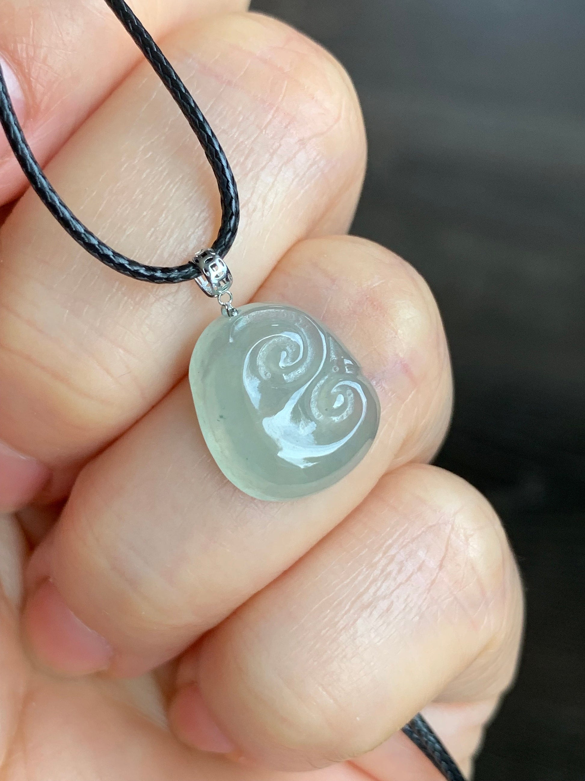 Natural Burmese Icy Highly Translucent Light Green Jadeite Ruyi Blessing Amulet Pendant 18K White Gold Bail 天然缅甸冰晴翡翠如意镶嵌吊坠