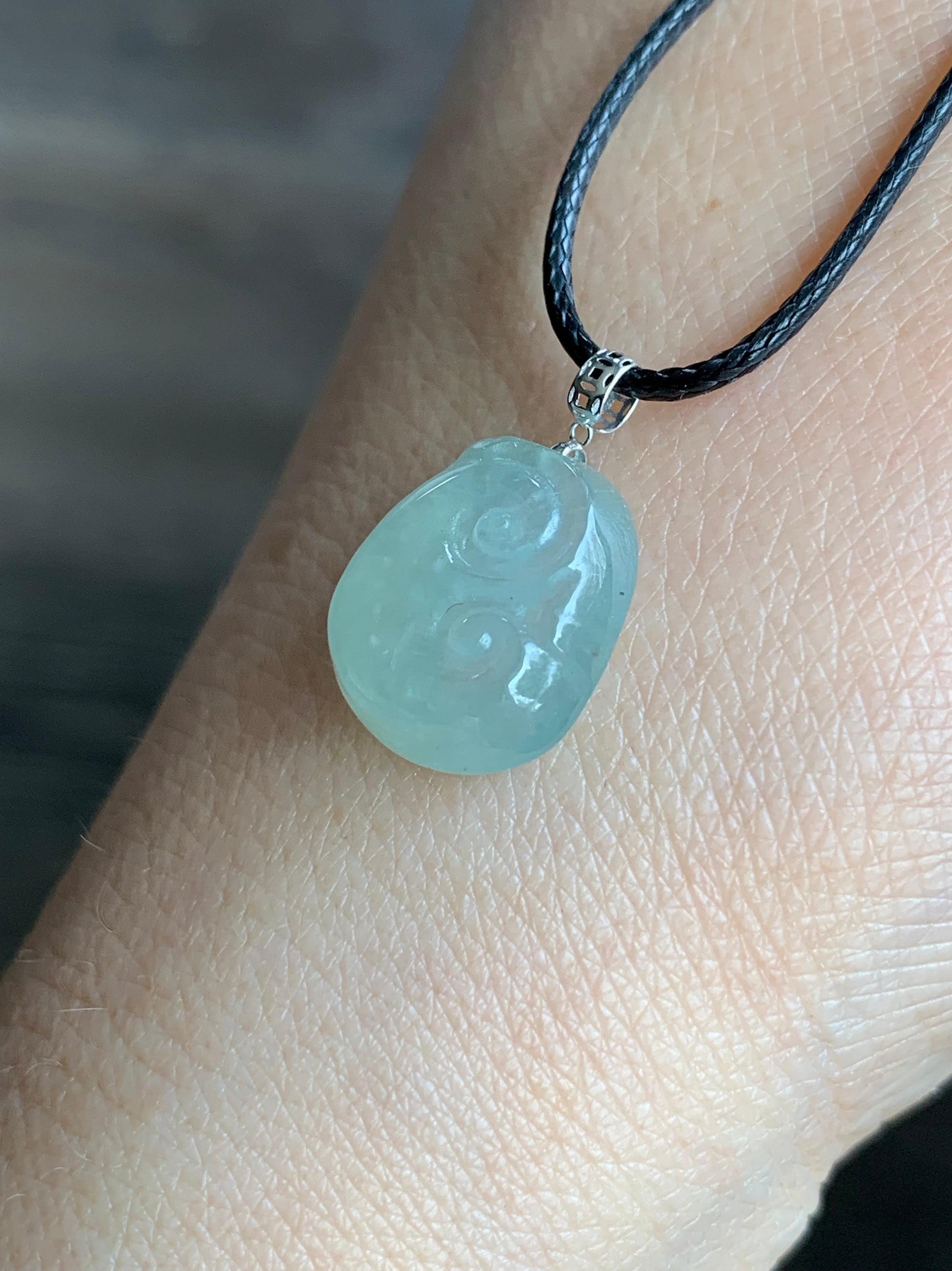 Natural Burmese Icy Highly Translucent Light Green Jadeite Ruyi Blessing Amulet Pendant 18K White Gold Bail 天然缅甸冰晴翡翠如意镶嵌吊坠
