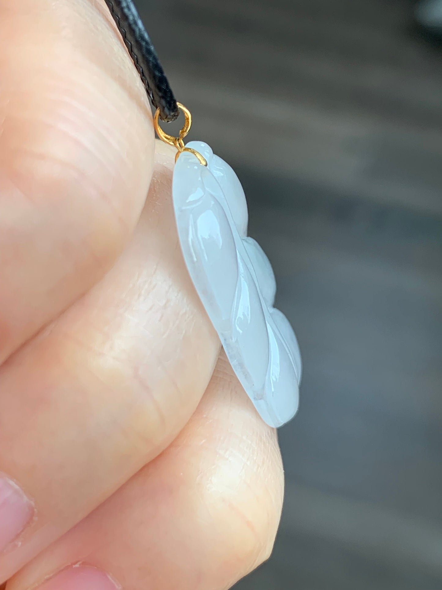 Natural Burmese Icy Translucent White Jadeite Leaf Pendant 18K Yellow Gold w/ Cord 17” 天然缅甸老种正冰起光翡翠大叶有成镶嵌吊坠
