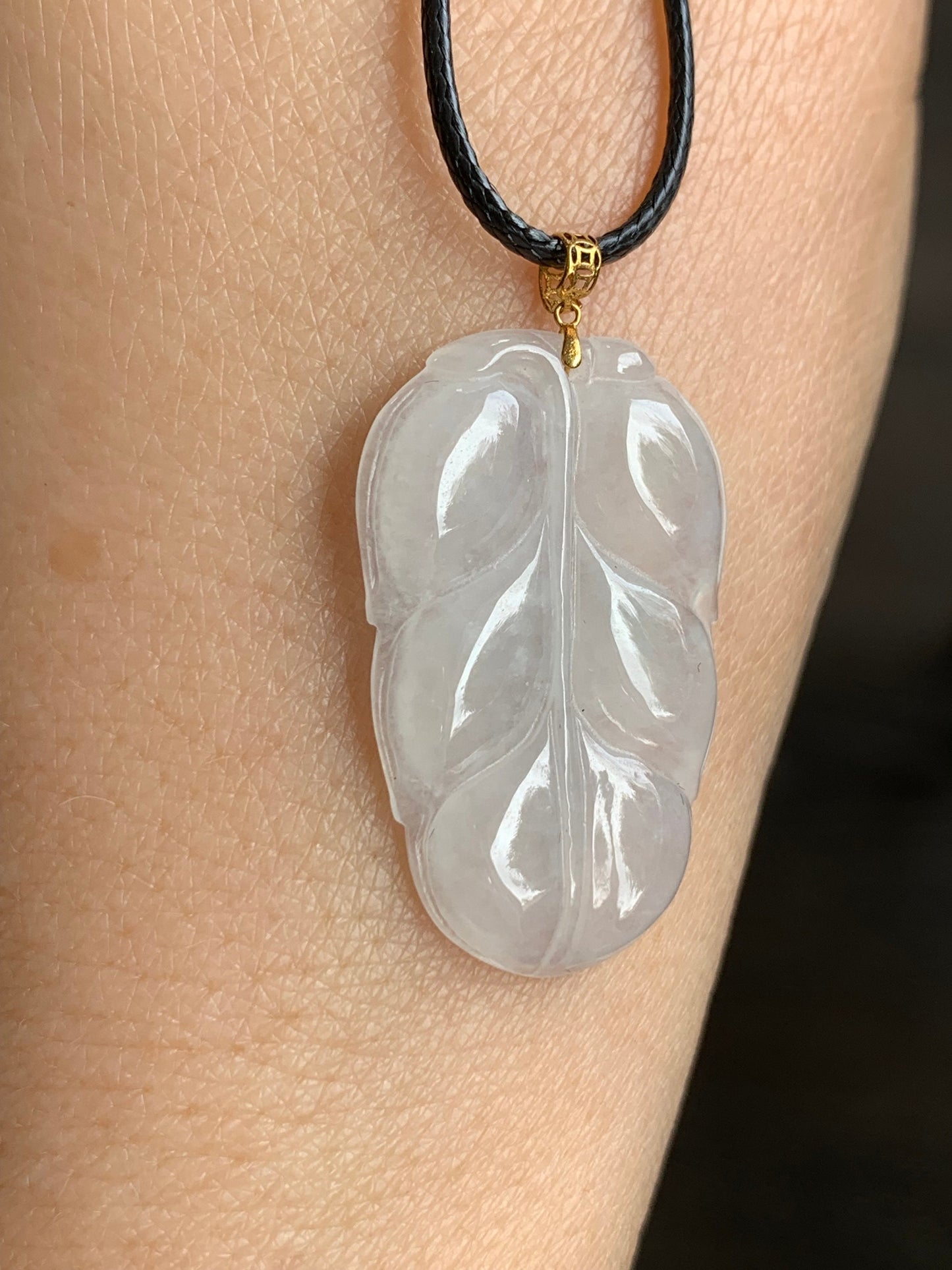 Natural Burmese Icy Translucent White Jadeite Leaf Pendant 18K Yellow Gold w/ Cord 17” 天然缅甸老种正冰起光翡翠大叶有成镶嵌吊坠
