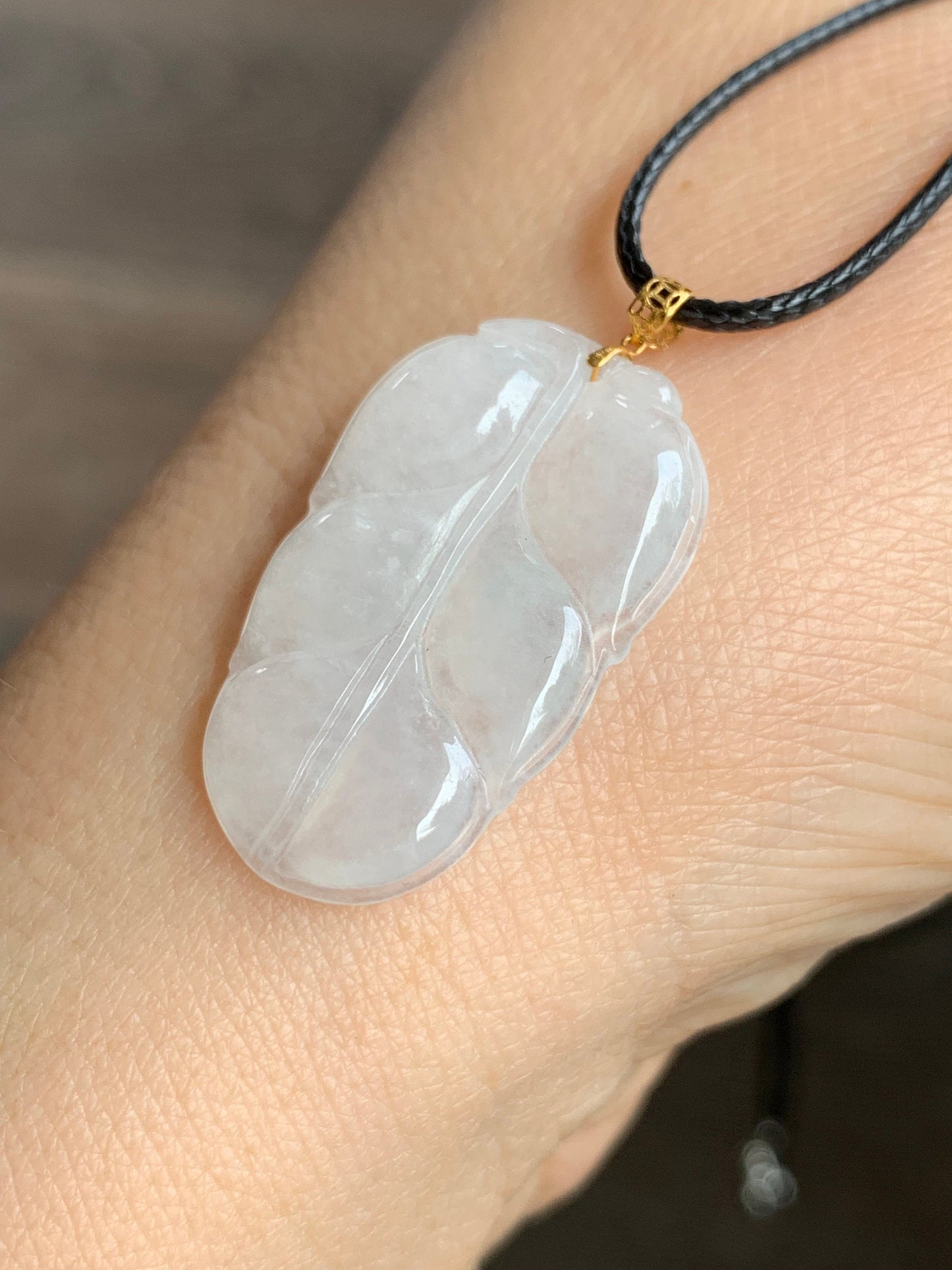 Natural Burmese Icy Translucent White Jadeite Leaf Pendant 18K Yellow Gold w/ Cord 17” 天然缅甸老种正冰起光翡翠大叶有成镶嵌吊坠