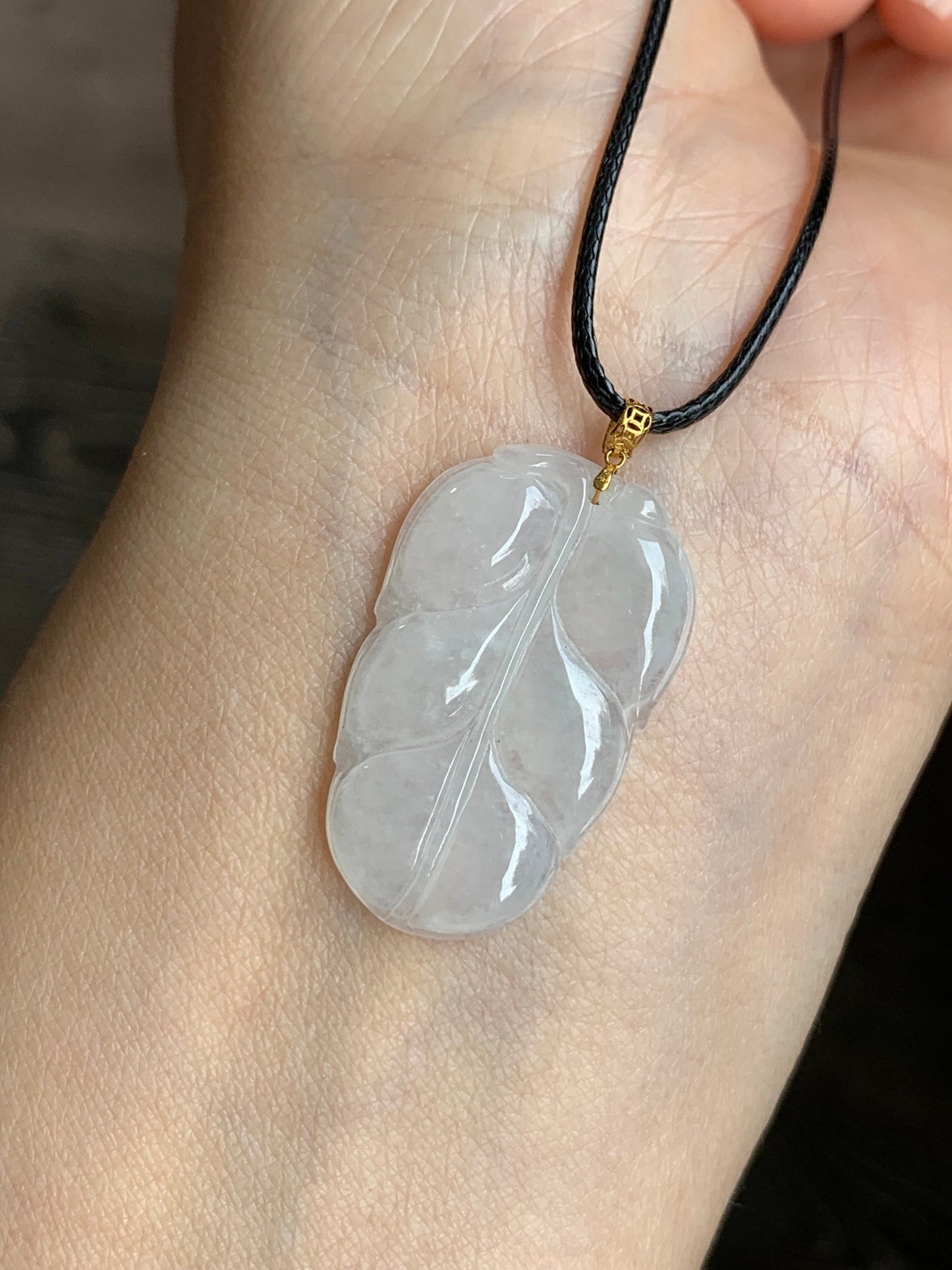Natural Burmese Icy Translucent White Jadeite Leaf Pendant 18K Yellow Gold w/ Cord 17” 天然缅甸老种正冰起光翡翠大叶有成镶嵌吊坠