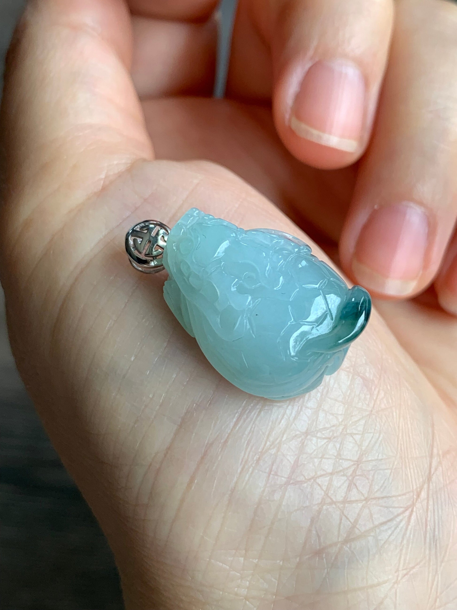 Certified Natural Burmese Icy Translucent Gelatinous Green Marbled Jadeite Carved Dragon Turtle Pendant 18K White Gold Bail 天然缅甸糯冰飘花翡翠龙龟镶嵌吊坠