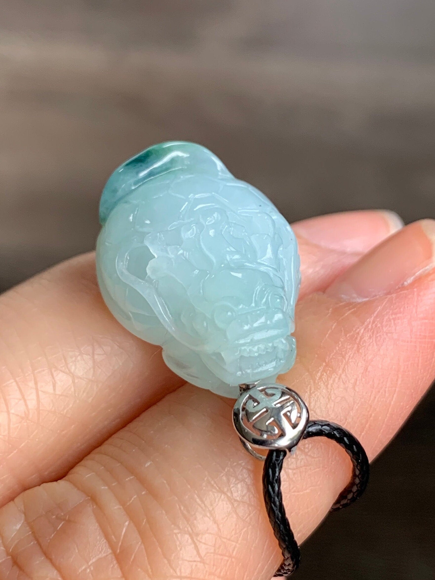 Certified Natural Burmese Icy Translucent Gelatinous Green Marbled Jadeite Carved Dragon Turtle Pendant 18K White Gold Bail 天然缅甸糯冰飘花翡翠龙龟镶嵌吊坠