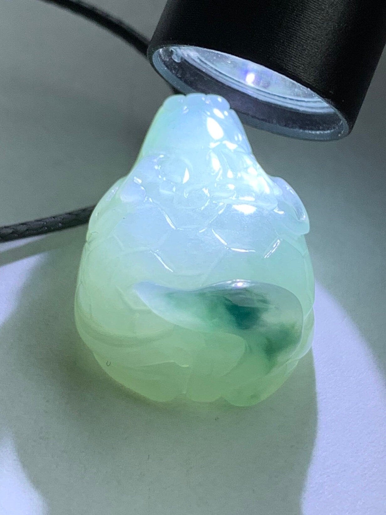 Certified Natural Burmese Icy Translucent Gelatinous Green Marbled Jadeite Carved Dragon Turtle Pendant 18K White Gold Bail 天然缅甸糯冰飘花翡翠龙龟镶嵌吊坠