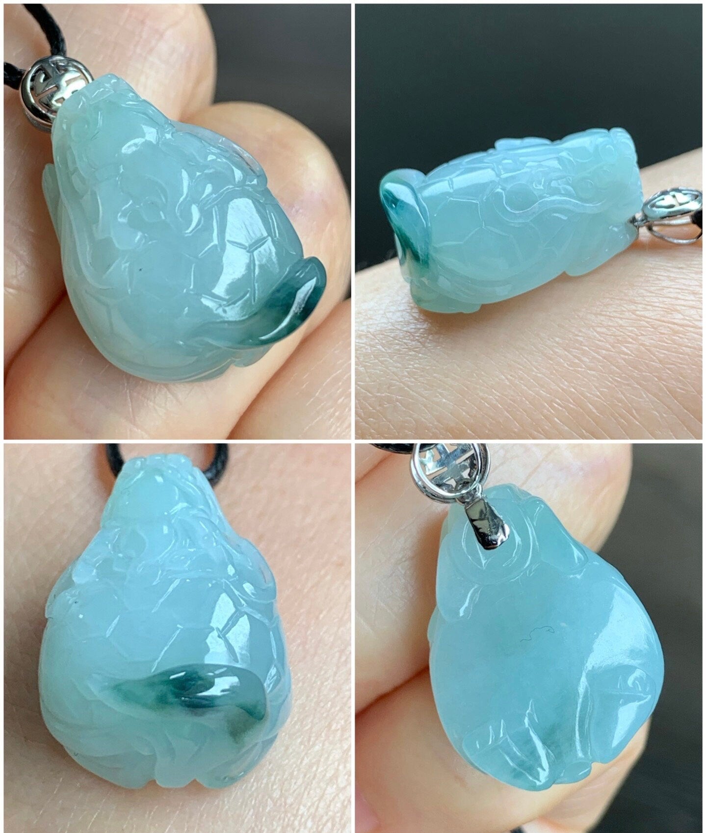 Certified Natural Burmese Icy Translucent Gelatinous Green Marbled Jadeite Carved Dragon Turtle Pendant 18K White Gold Bail 天然缅甸糯冰飘花翡翠龙龟镶嵌吊坠