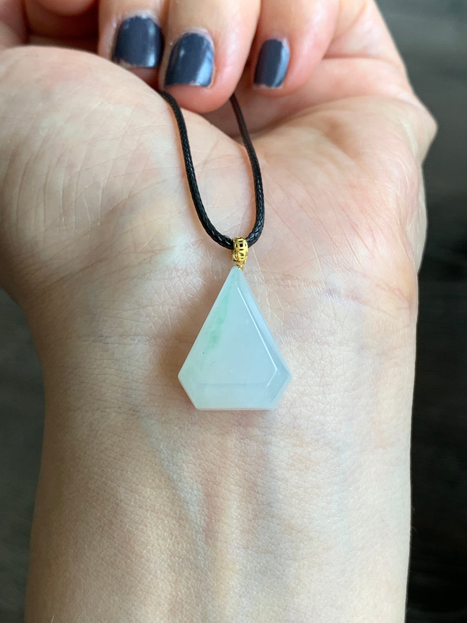 Natural Burmese grade A Icy Translucent Gelatinous Light Green Marbled Jadeite Diamond Cut Pendant 18K Yellow Gold Bail 天然缅甸白冰飘花翡翠钻石切割面镶嵌吊坠