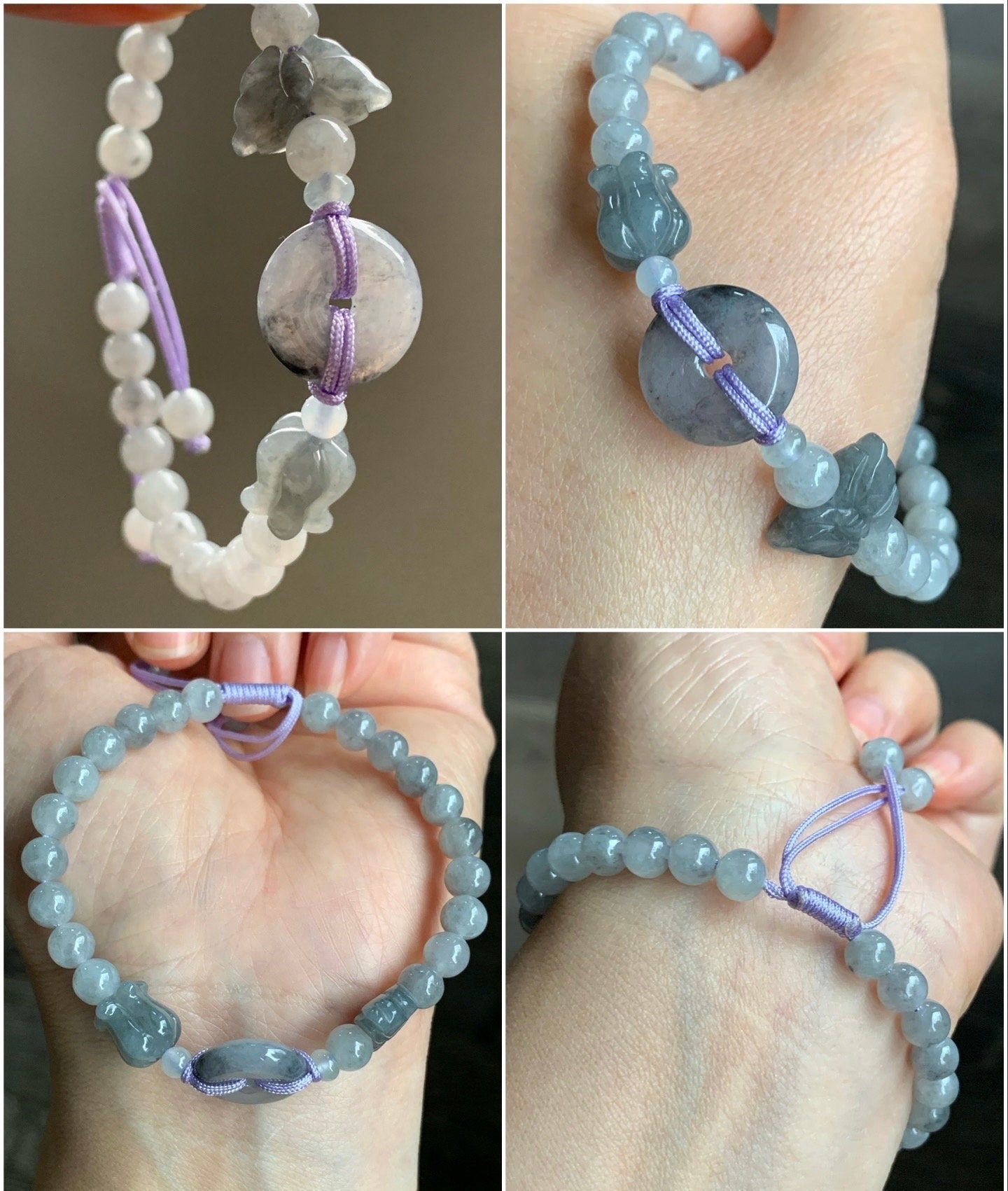 Natural Burmese Icy Translucent Wuji Jadeite Ping An Kou Donut w/ Butterfly & Tulip Charms Beaded Bracelet 天然缅甸冰乌鸡翡翠平安扣手串