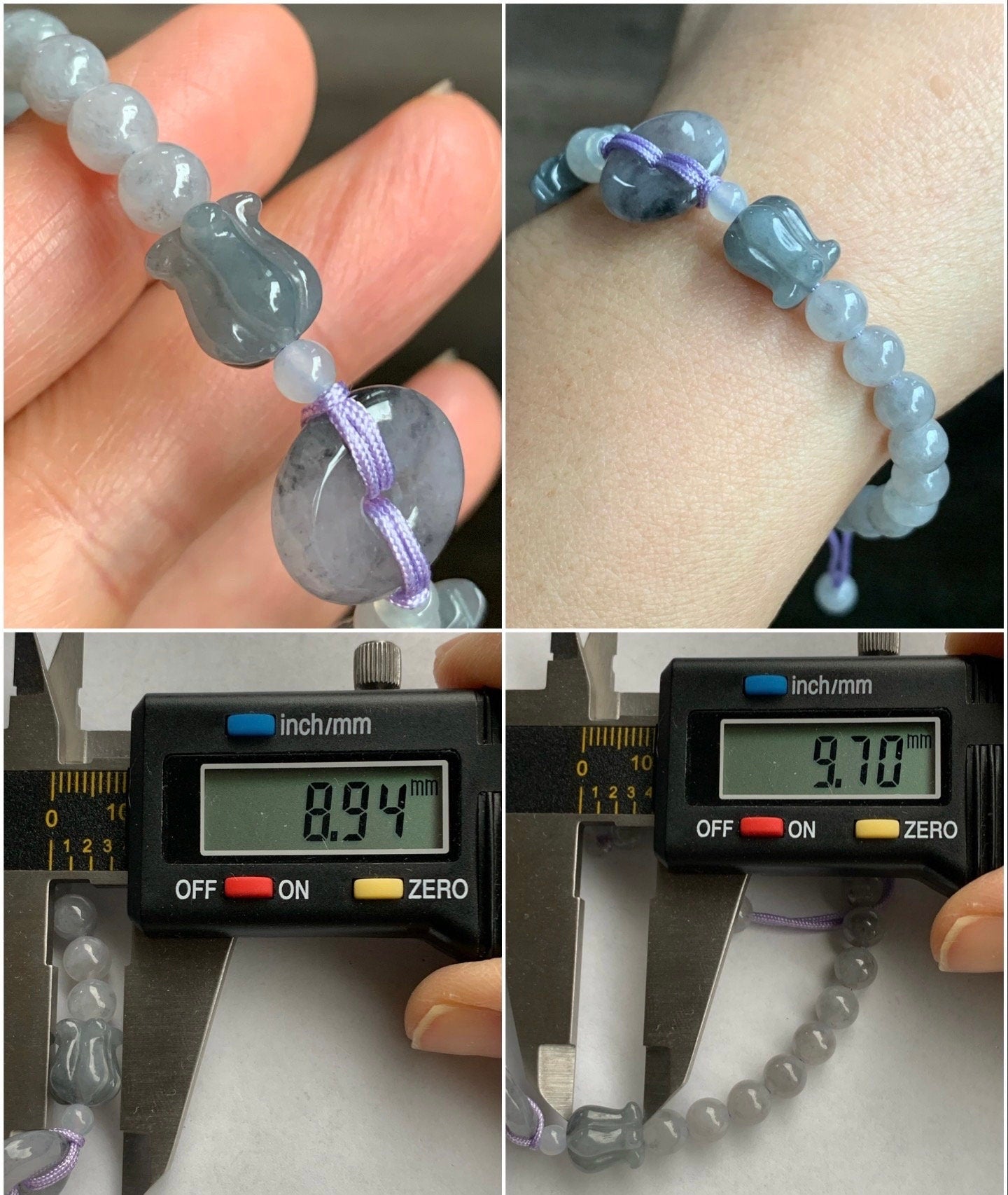Natural Burmese Icy Translucent Wuji Jadeite Ping An Kou Donut w/ Butterfly & Tulip Charms Beaded Bracelet 天然缅甸冰乌鸡翡翠平安扣手串