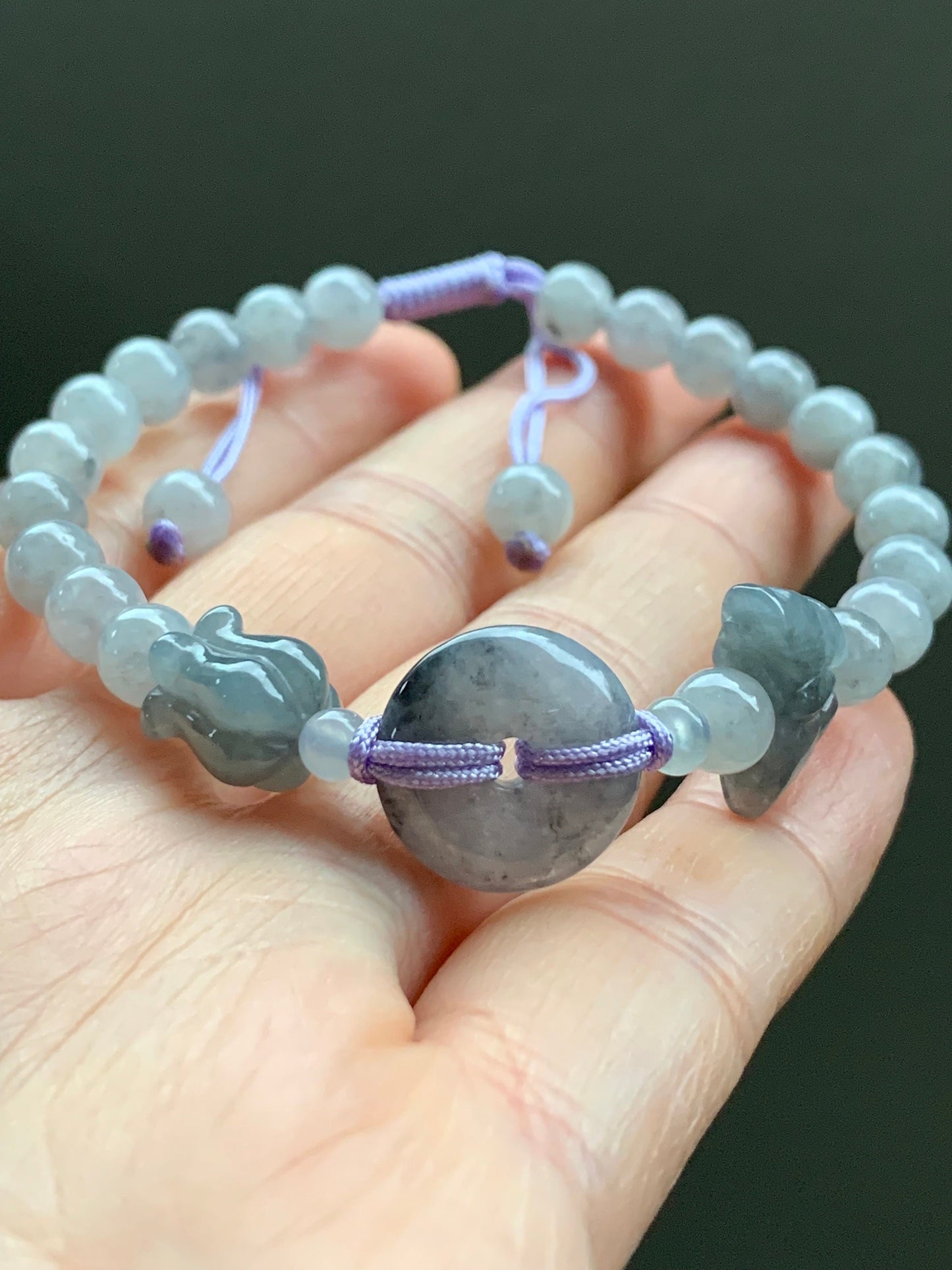 Natural Burmese Icy Translucent Wuji Jadeite Ping An Kou Donut w/ Butterfly & Tulip Charms Beaded Bracelet 天然缅甸冰乌鸡翡翠平安扣手串