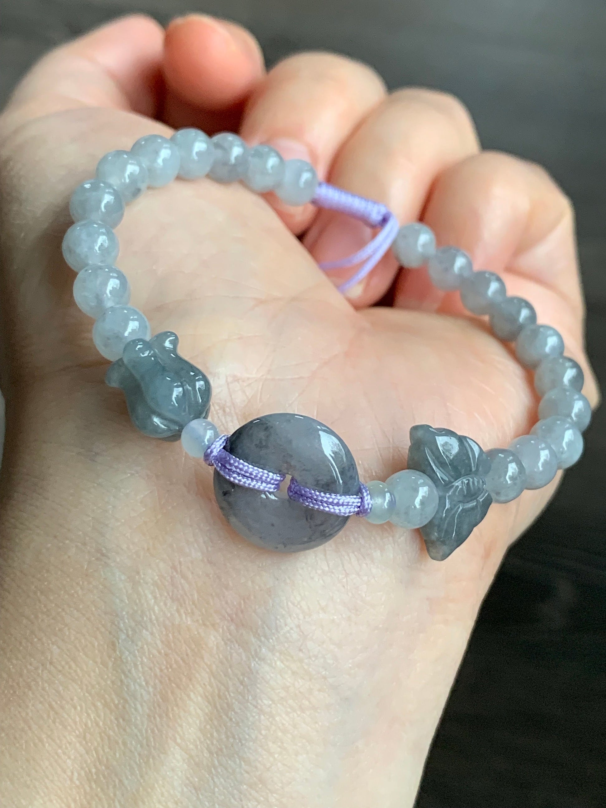 Natural Burmese Icy Translucent Wuji Jadeite Ping An Kou Donut w/ Butterfly & Tulip Charms Beaded Bracelet 天然缅甸冰乌鸡翡翠平安扣手串