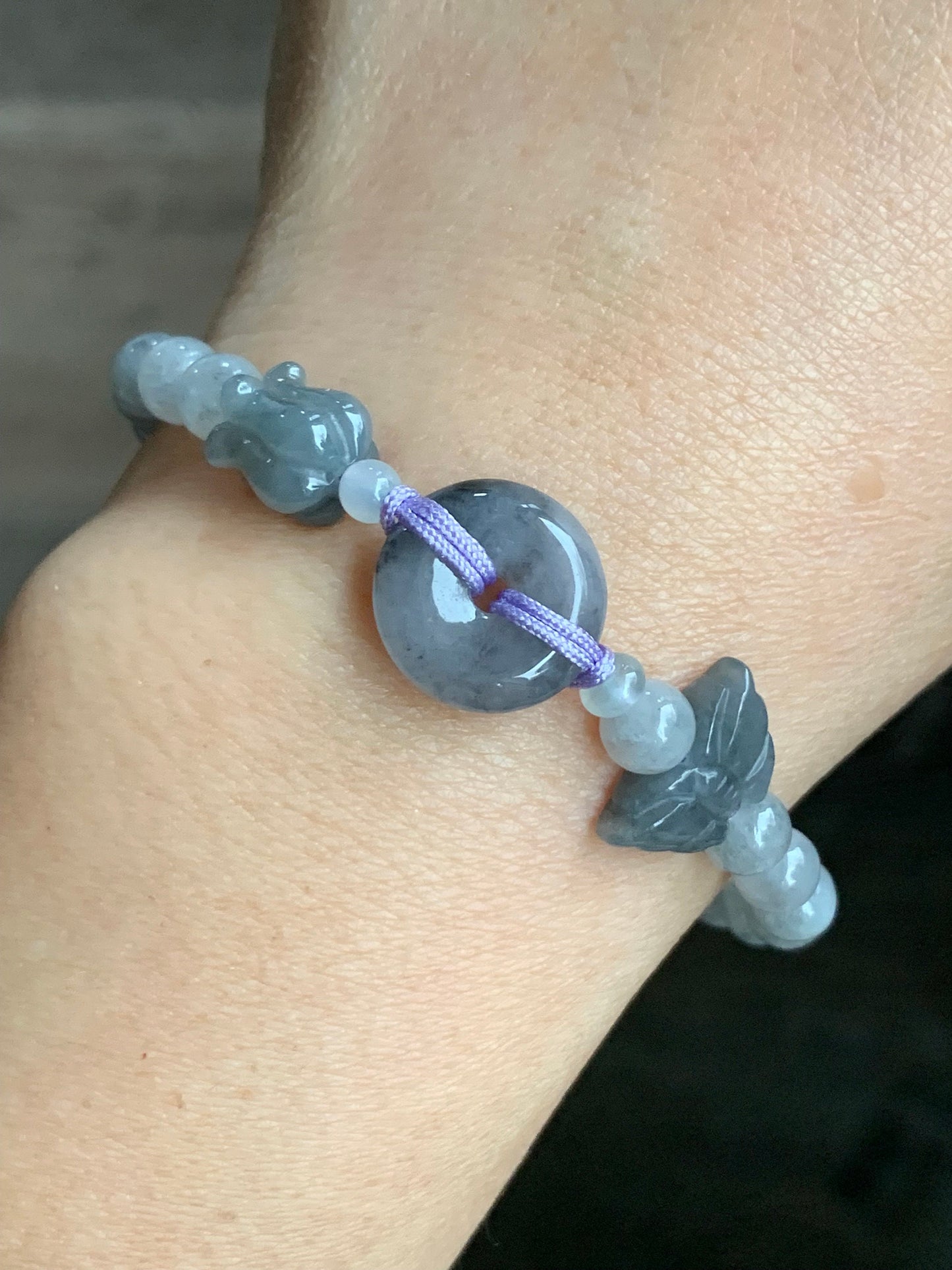 Natural Burmese Icy Translucent Wuji Jadeite Ping An Kou Donut w/ Butterfly & Tulip Charms Beaded Bracelet 天然缅甸冰乌鸡翡翠平安扣手串