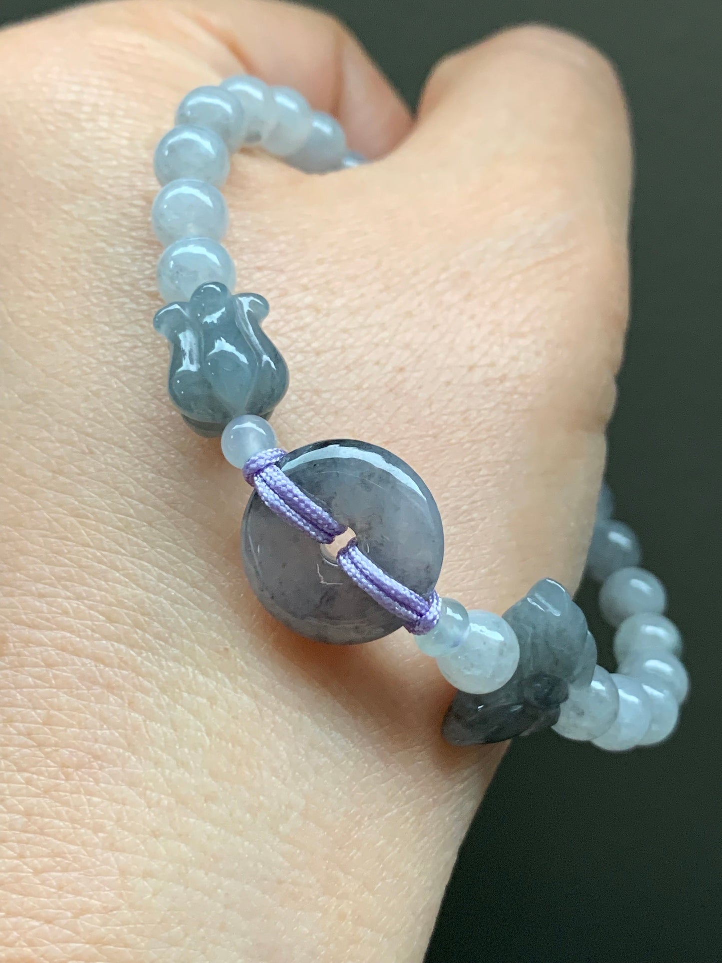 Natural Burmese Icy Translucent Wuji Jadeite Ping An Kou Donut w/ Butterfly & Tulip Charms Beaded Bracelet 天然缅甸冰乌鸡翡翠平安扣手串