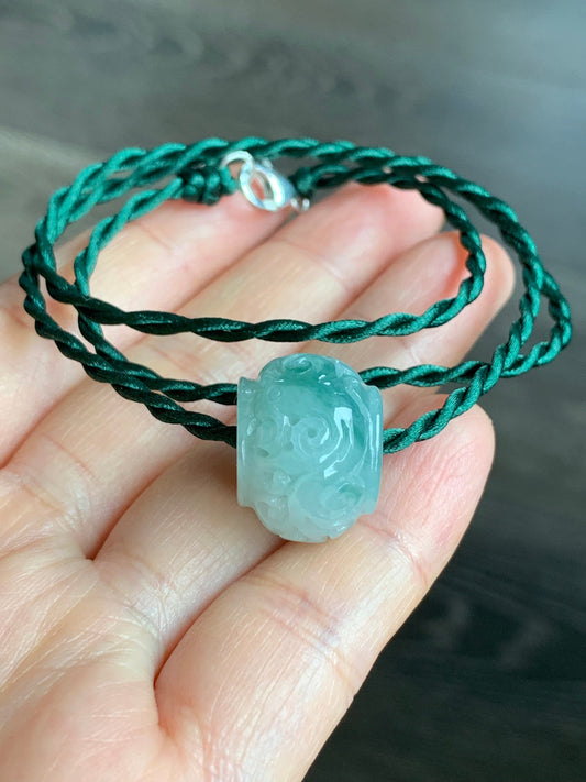 Large Natural Burmese Icy Translucent Green Marbled Jadeite Retro Engraved Drum Bead Rope Necklace 18" Sterling Silver 天然缅甸冰飘花翡翠仿古雕龙凤鼓珠项链