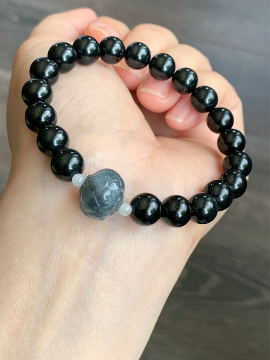 Natural Burmese Icy Translucent Wuji Jadeite Carved Lotus Flower Black Jadeite Beaded Bracelet 8.5mm 7” stretchy 天然缅甸墨翠圆珠冰乌鸡翡翠莲花珠手串