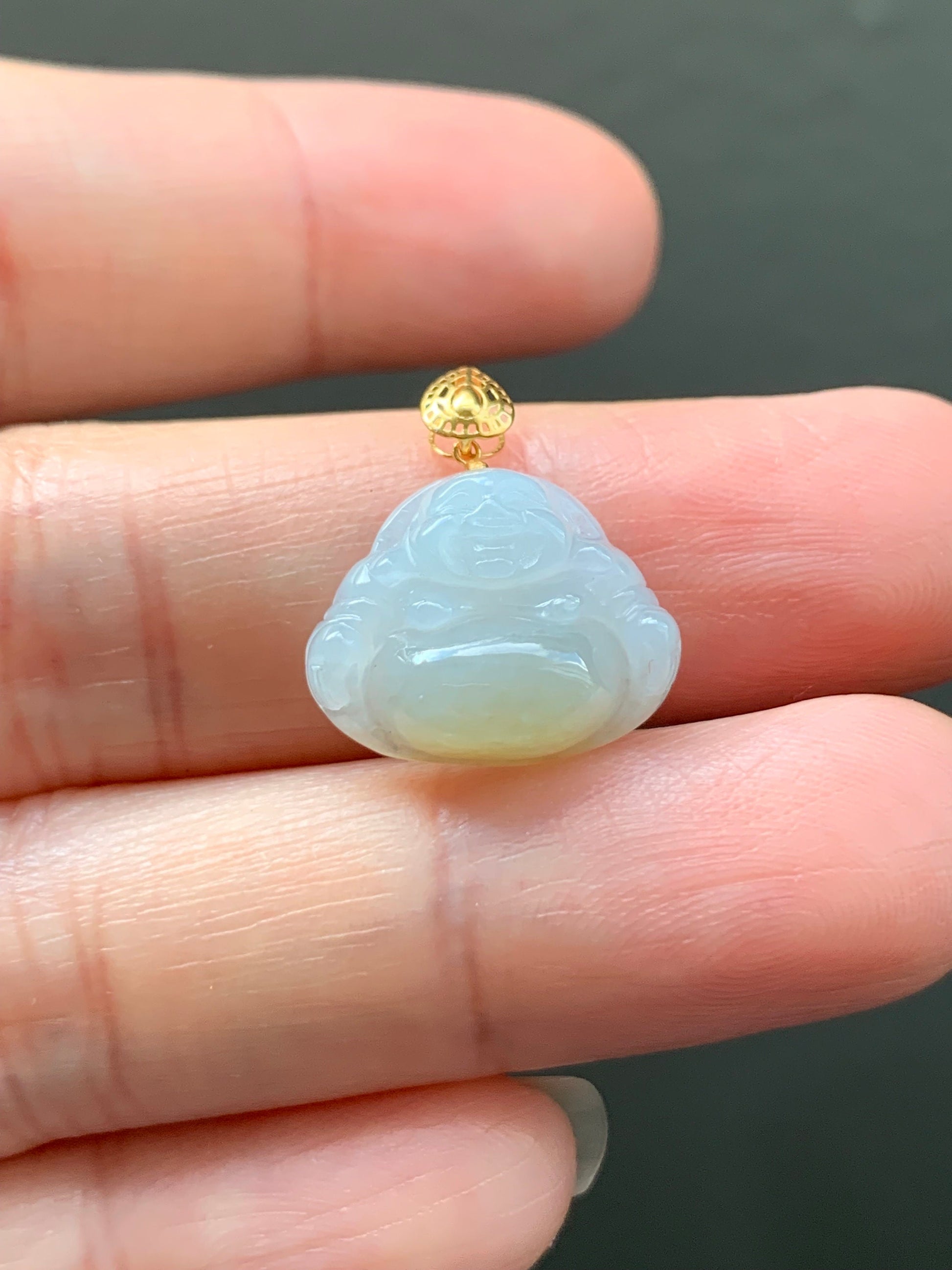 Petite Natural Burmese Icy Translucent Gelatinous Jadeite with yellow marbling Buddha Pendant 18K Yellow Bail w/ 17” Cord 天然缅甸冰飘黄翡翠佛公镶嵌吊坠