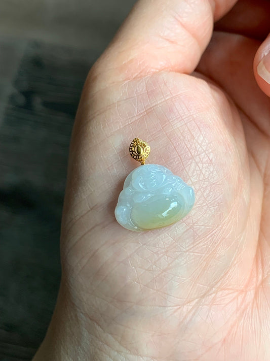 Petite Natural Burmese Icy Translucent Gelatinous Jadeite with yellow marbling Buddha Pendant 18K Yellow Bail w/ 17” Cord 天然缅甸冰飘黄翡翠佛公镶嵌吊坠