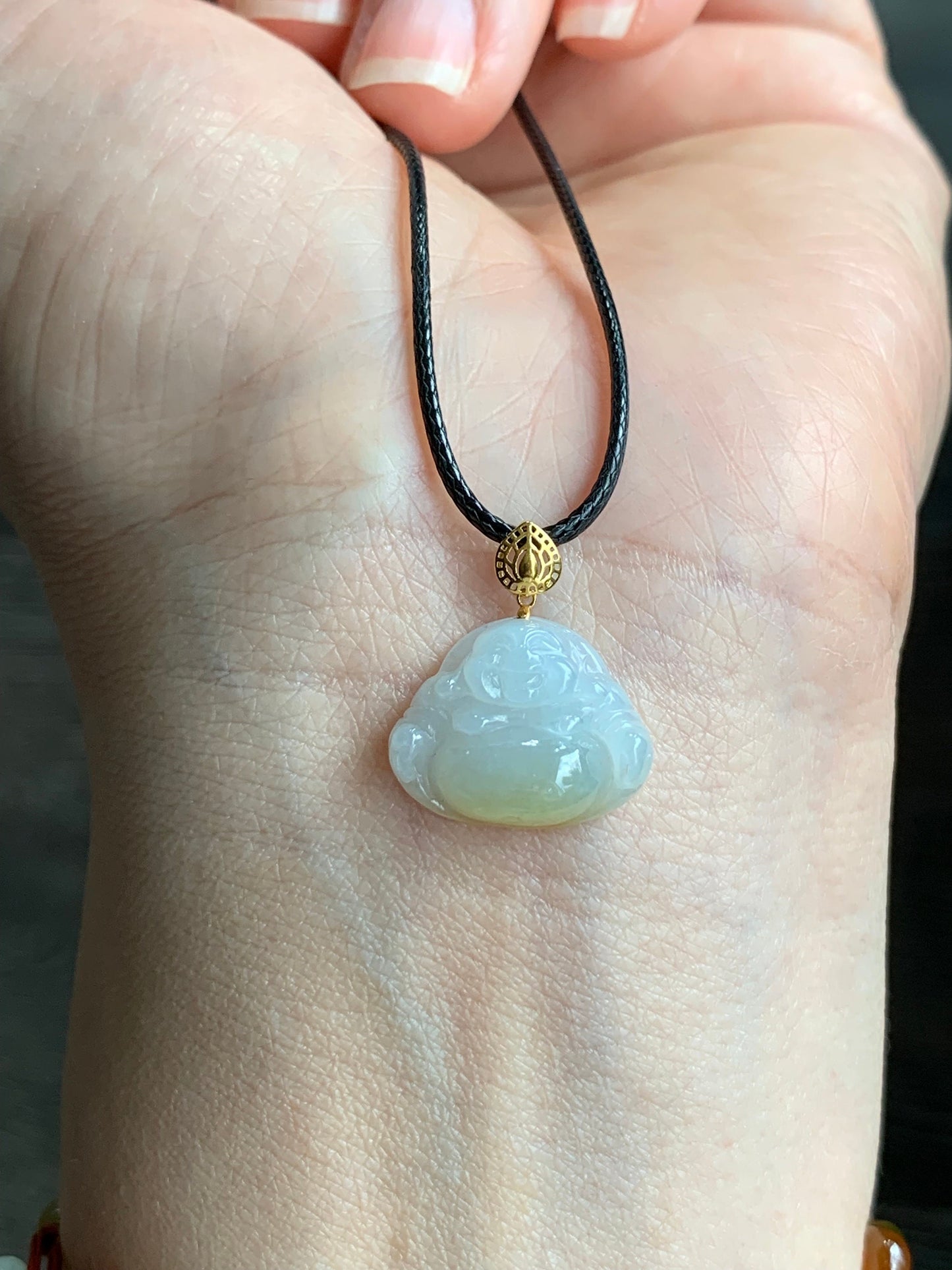 Petite Natural Burmese Icy Translucent Gelatinous Jadeite with yellow marbling Buddha Pendant 18K Yellow Bail w/ 17” Cord 天然缅甸冰飘黄翡翠佛公镶嵌吊坠