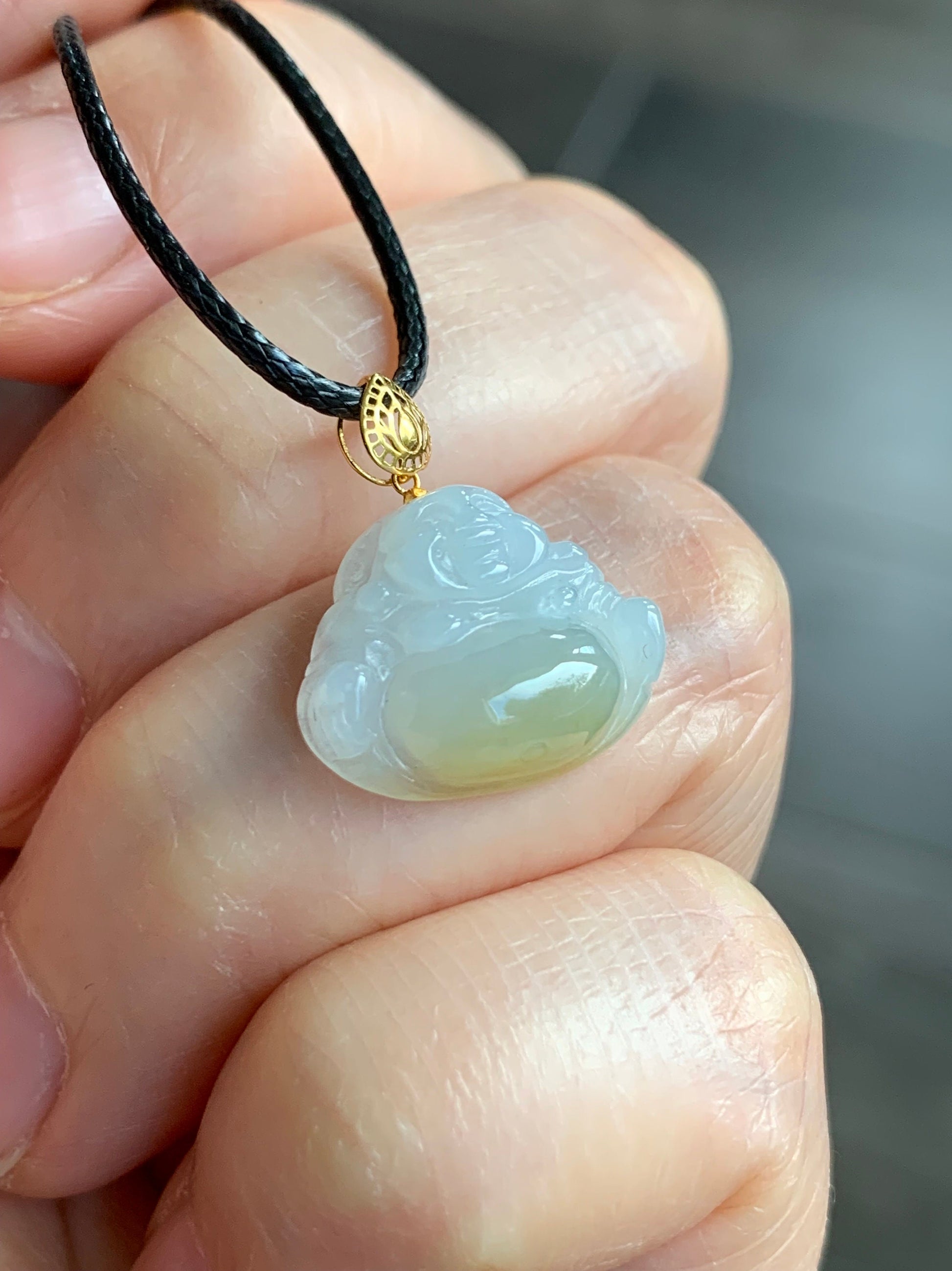 Petite Natural Burmese Icy Translucent Gelatinous Jadeite with yellow marbling Buddha Pendant 18K Yellow Bail w/ 17” Cord 天然缅甸冰飘黄翡翠佛公镶嵌吊坠
