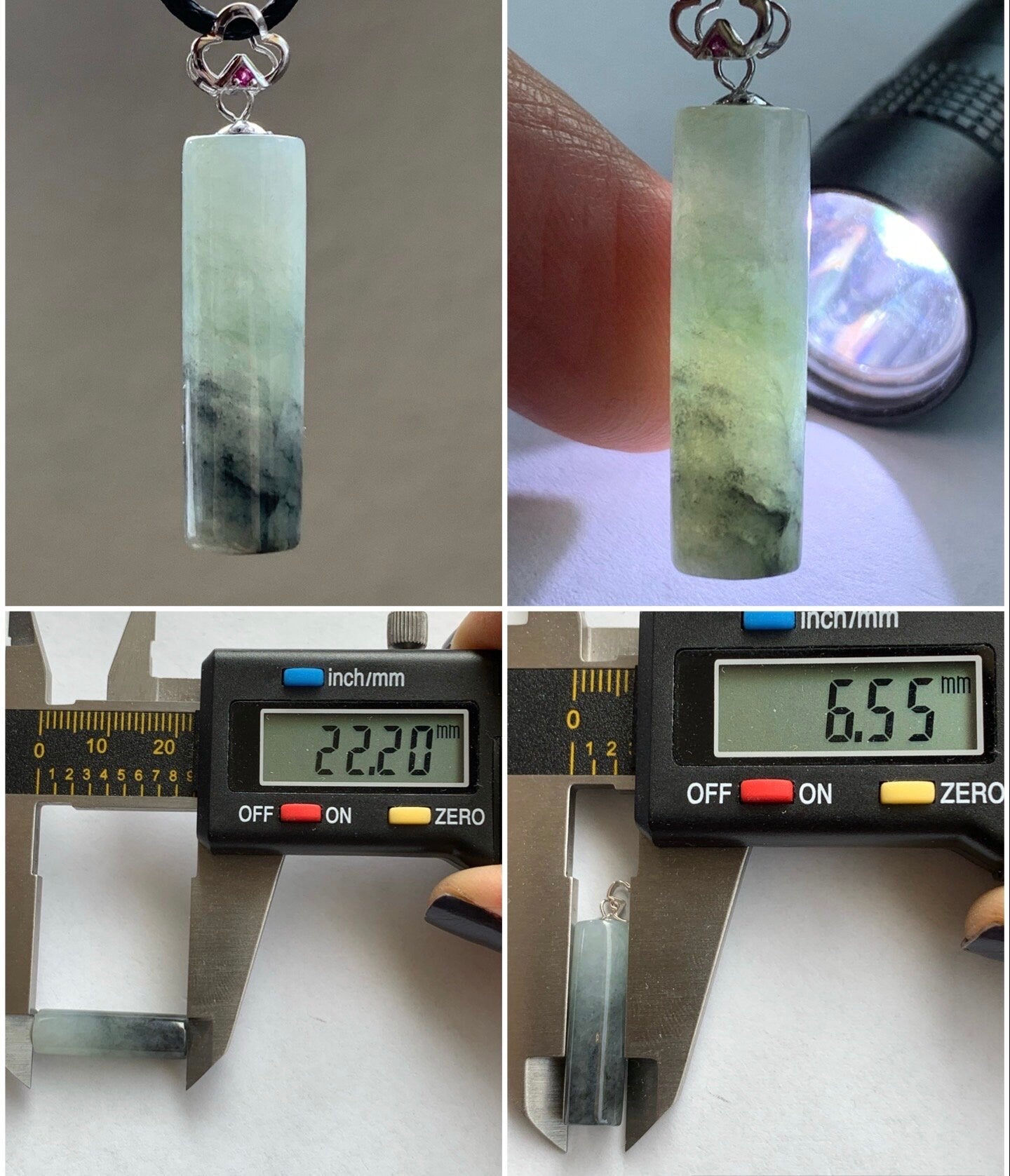 Natural Burmese Icy Translucent Light Green Jadeite w/ Wuji Marbling Cylinder Bar Design Pendant 18K White Gold 天然缅甸冰晴绿翡翠飘乌鸡花冰柱镶嵌吊坠