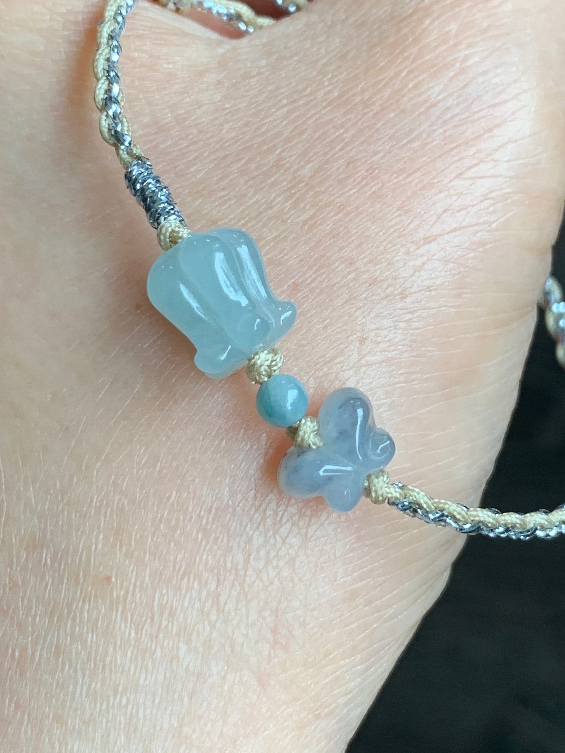 Natural Burmese Icy Translucent Gelatinous Light Green Jadeite Carved Tulip & Wuji Butterfly Rope Bracelet Adjustable 天然缅甸冰胶晴底翡翠郁金香与乌鸡蝴蝶手绳