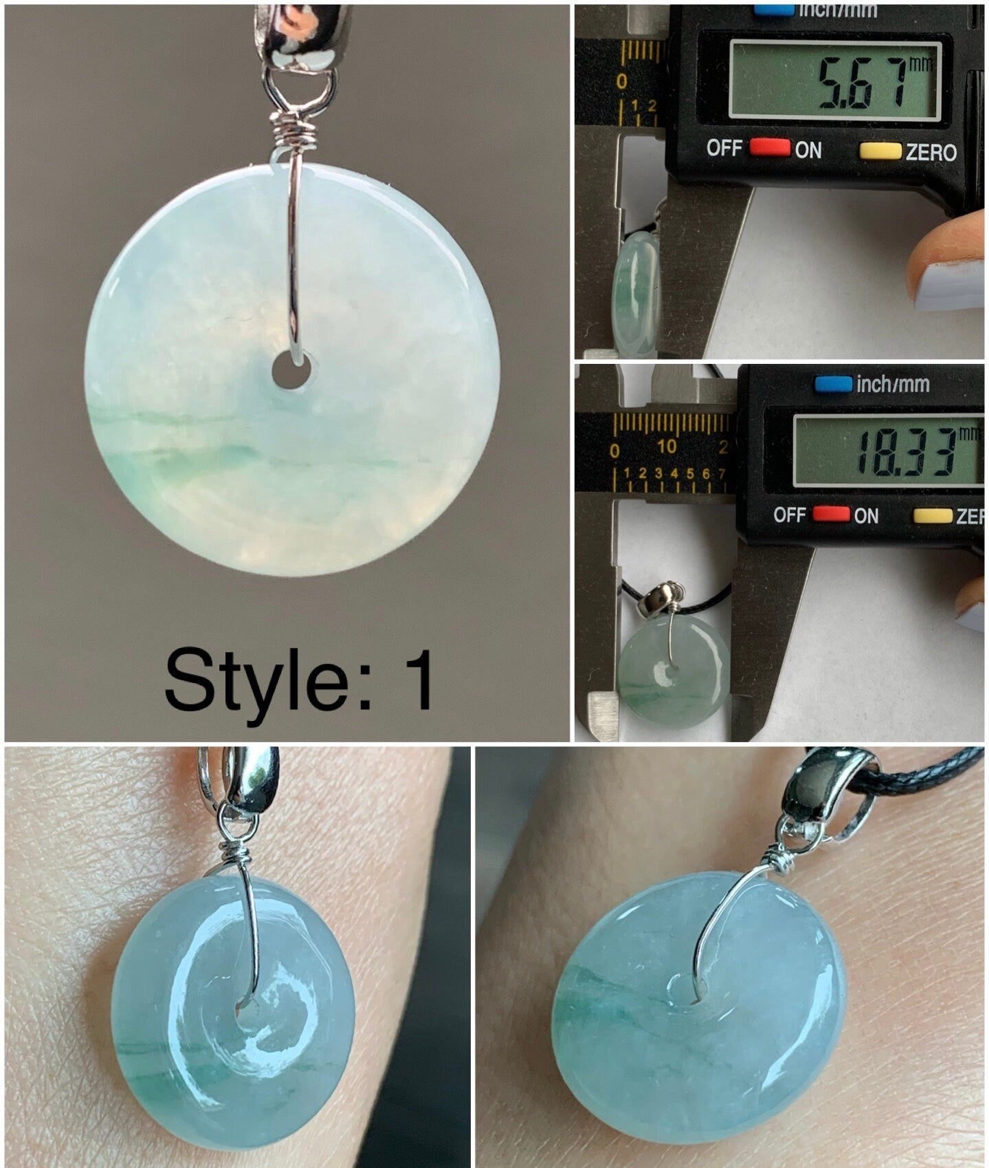 Natural Burmese Icy Translucent Gelatinous Light Green Jadeite w/ Green Marbling Ping An Kou Donut Pendant Sterling Silver 天然缅甸糯冰晴底飘花翡翠平安扣吊坠