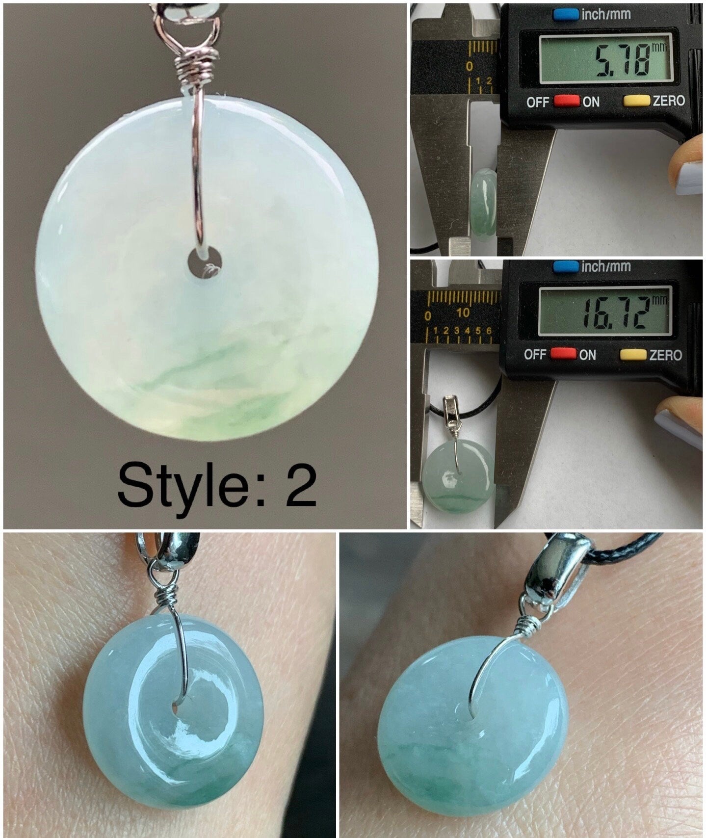 Natural Burmese Icy Translucent Gelatinous Light Green Jadeite w/ Green Marbling Ping An Kou Donut Pendant Sterling Silver 天然缅甸糯冰晴底飘花翡翠平安扣吊坠