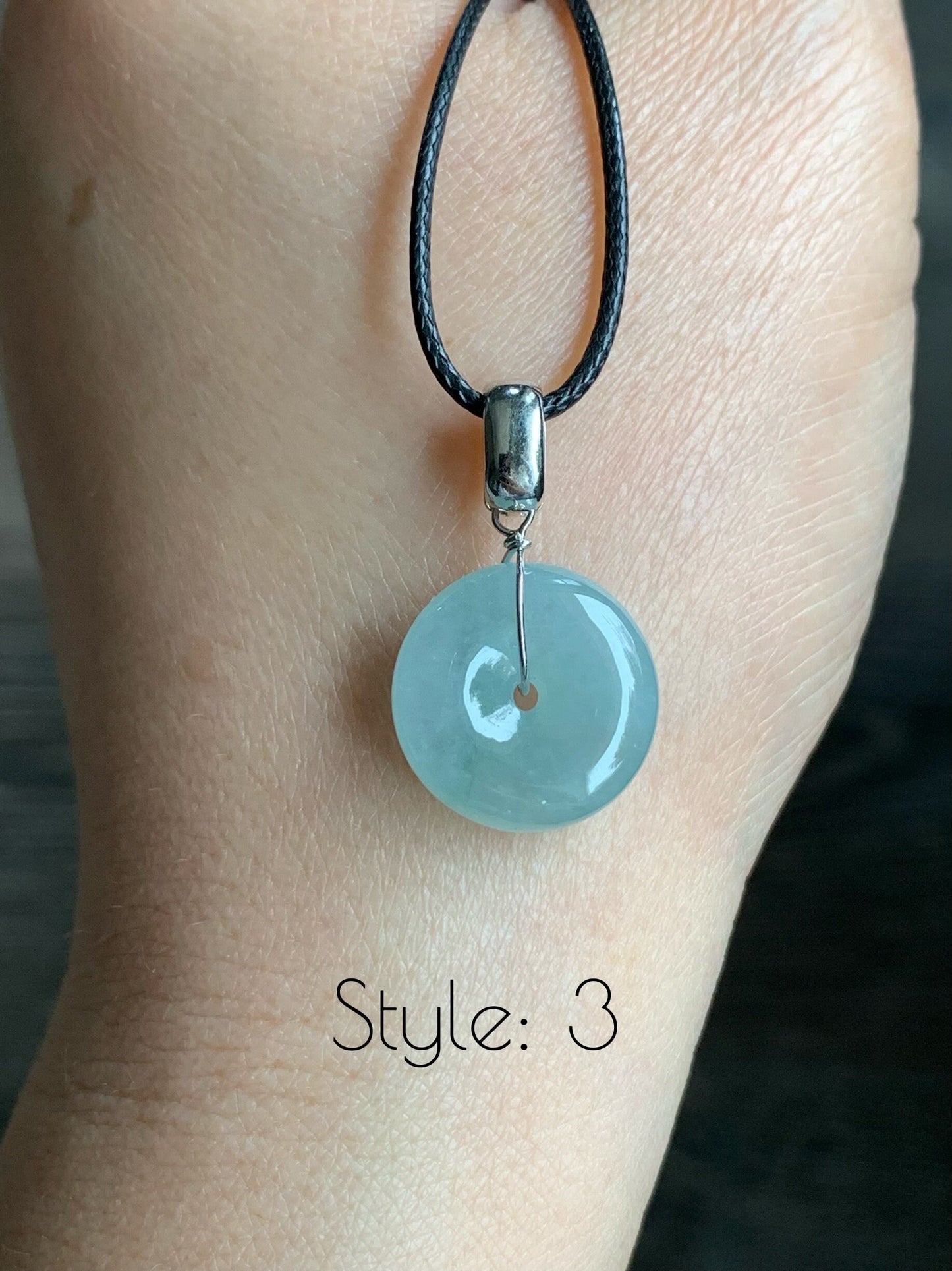 Natural Burmese Icy Translucent Gelatinous Light Green Jadeite w/ Green Marbling Ping An Kou Donut Pendant Sterling Silver 天然缅甸糯冰晴底飘花翡翠平安扣吊坠
