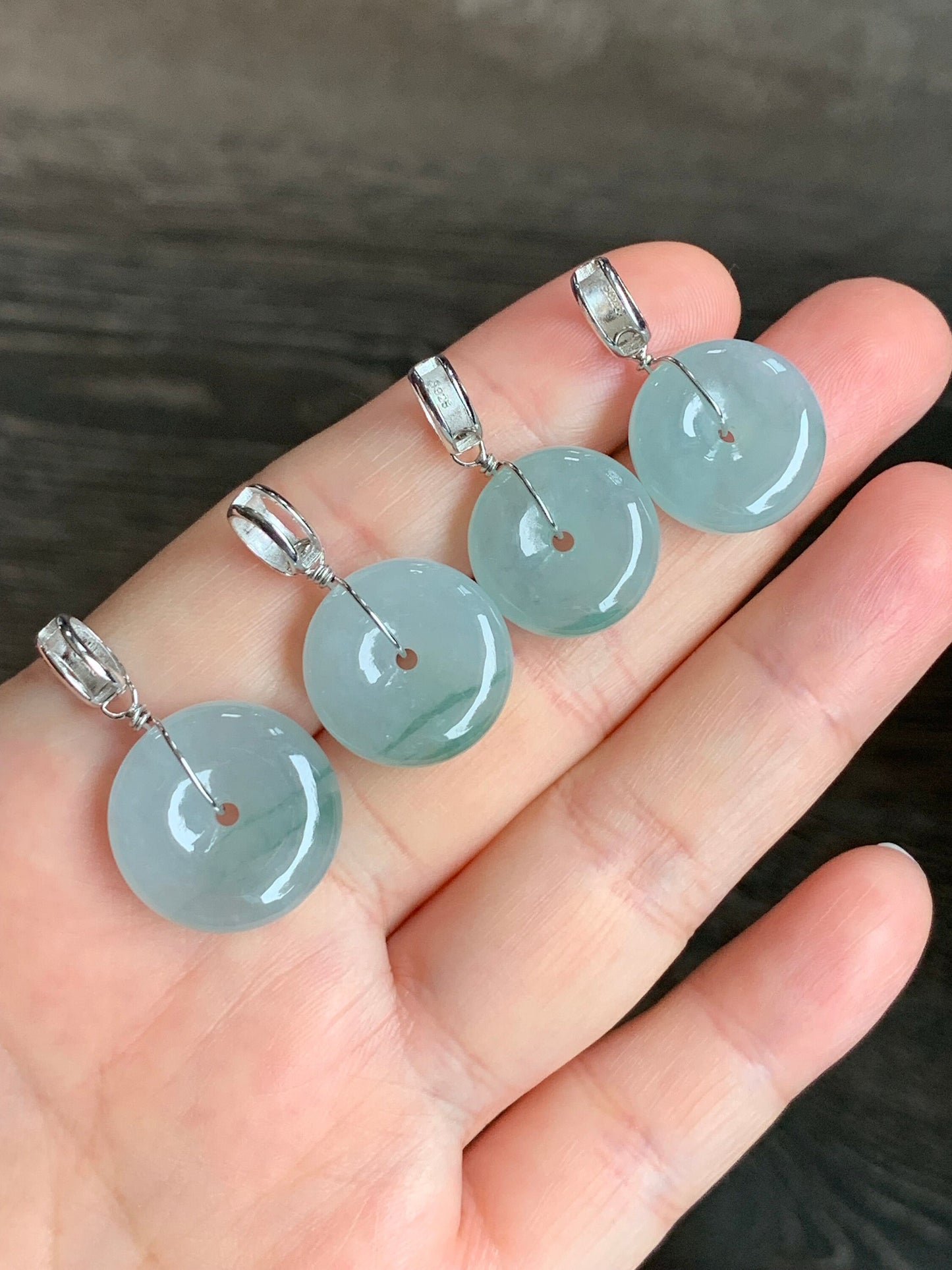 Natural Burmese Icy Translucent Gelatinous Light Green Jadeite w/ Green Marbling Ping An Kou Donut Pendant Sterling Silver 天然缅甸糯冰晴底飘花翡翠平安扣吊坠